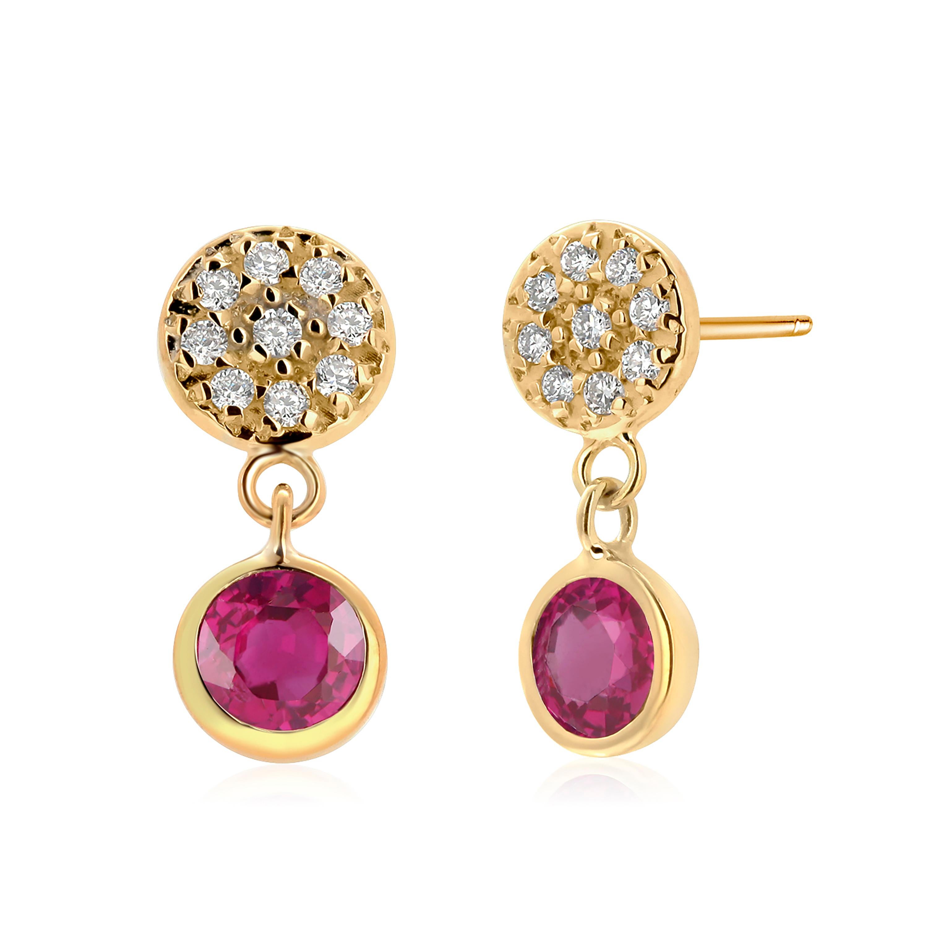 Round Cut Diamond Circles with Two Round Ruby Bezel Set Drop Earrings
