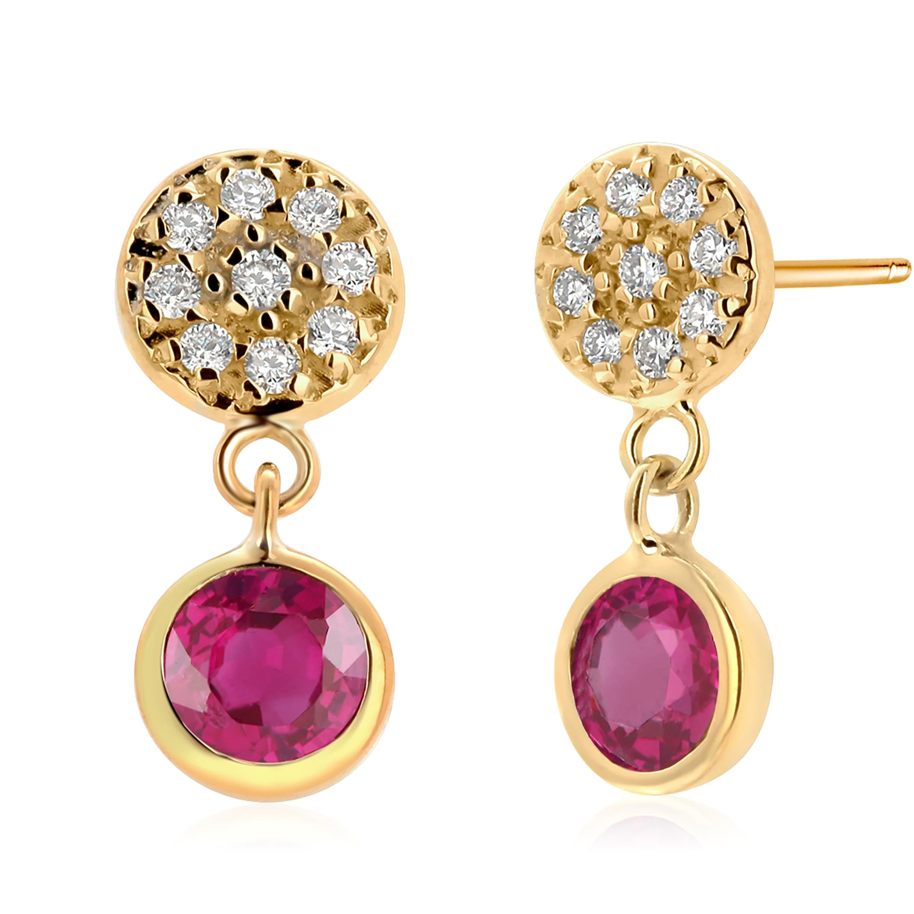 Women's or Men's Diamond Circles with Two Round Ruby Bezel Set Drop Earrings