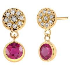 Diamond Circles with Two Round Ruby Bezel Set Drop Earrings