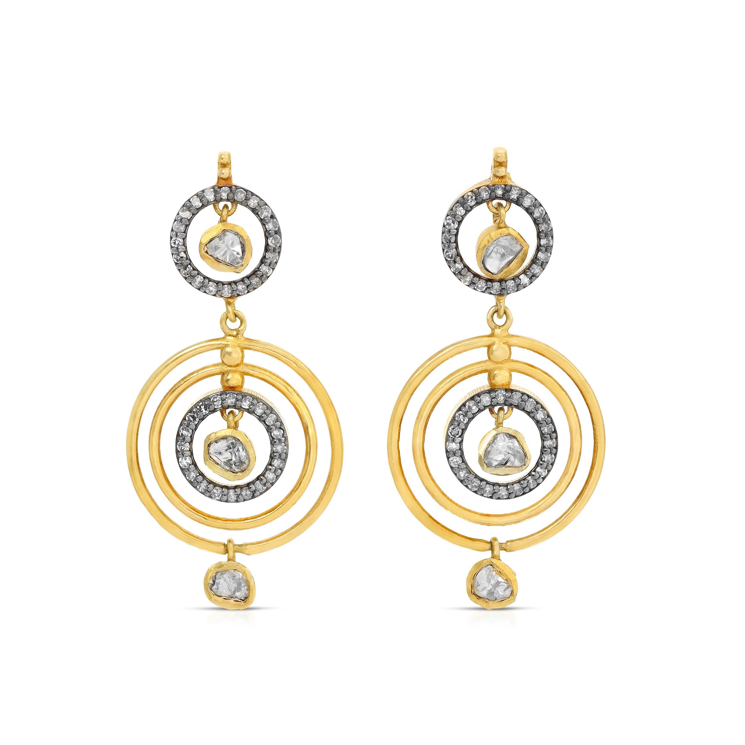 Fabulous diamond chandelier earrings of 18 Karat Gold overlay Silver in a contemporary Nouveau Jaipur design. These chandelier earrings feature fully set White Diamond top hoops with larger lower triple hoops suspending three twinkling center Polki
