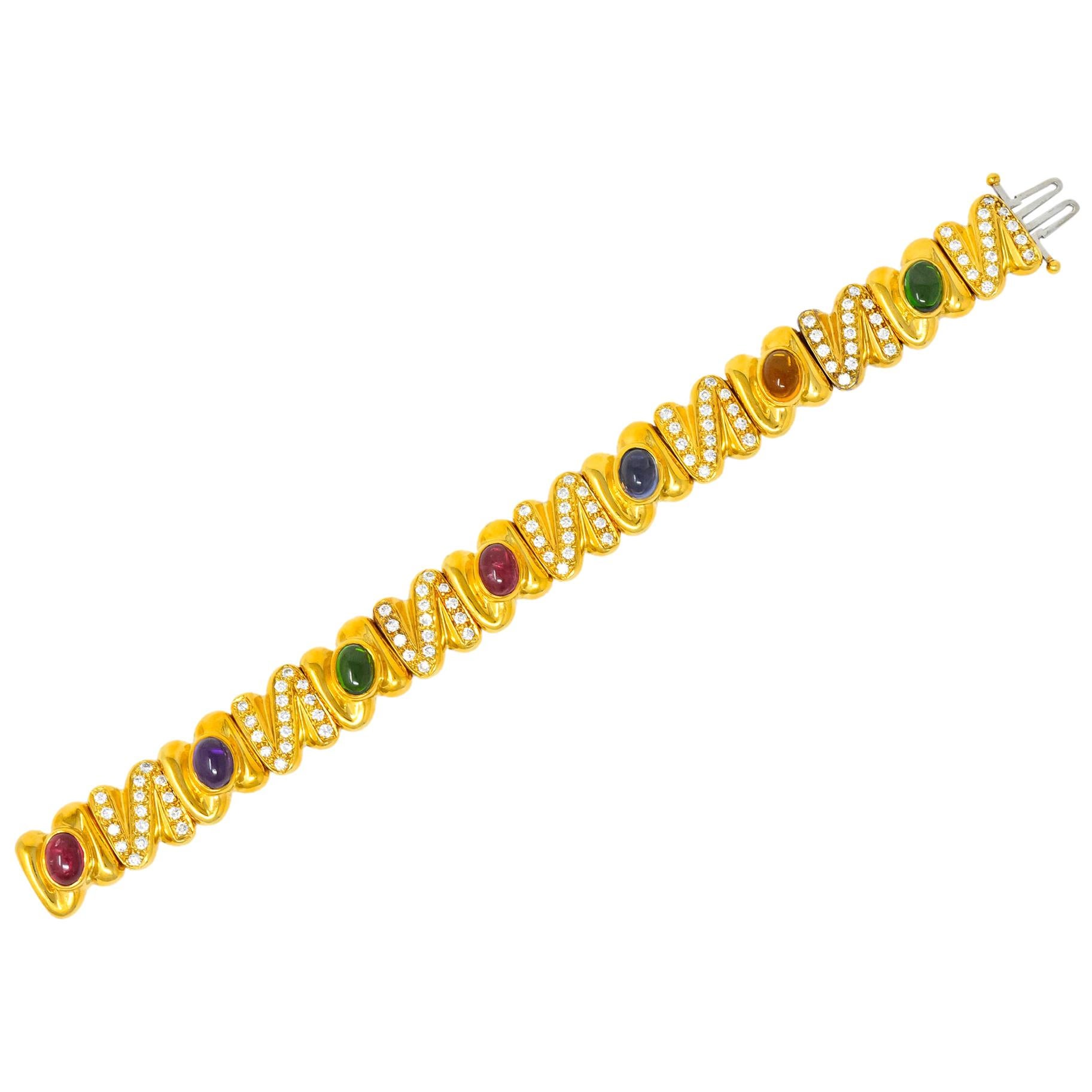 Diamond Citrine Amethyst Tourmaline Multi-Gem 18 Karat Gold Link Bracelet