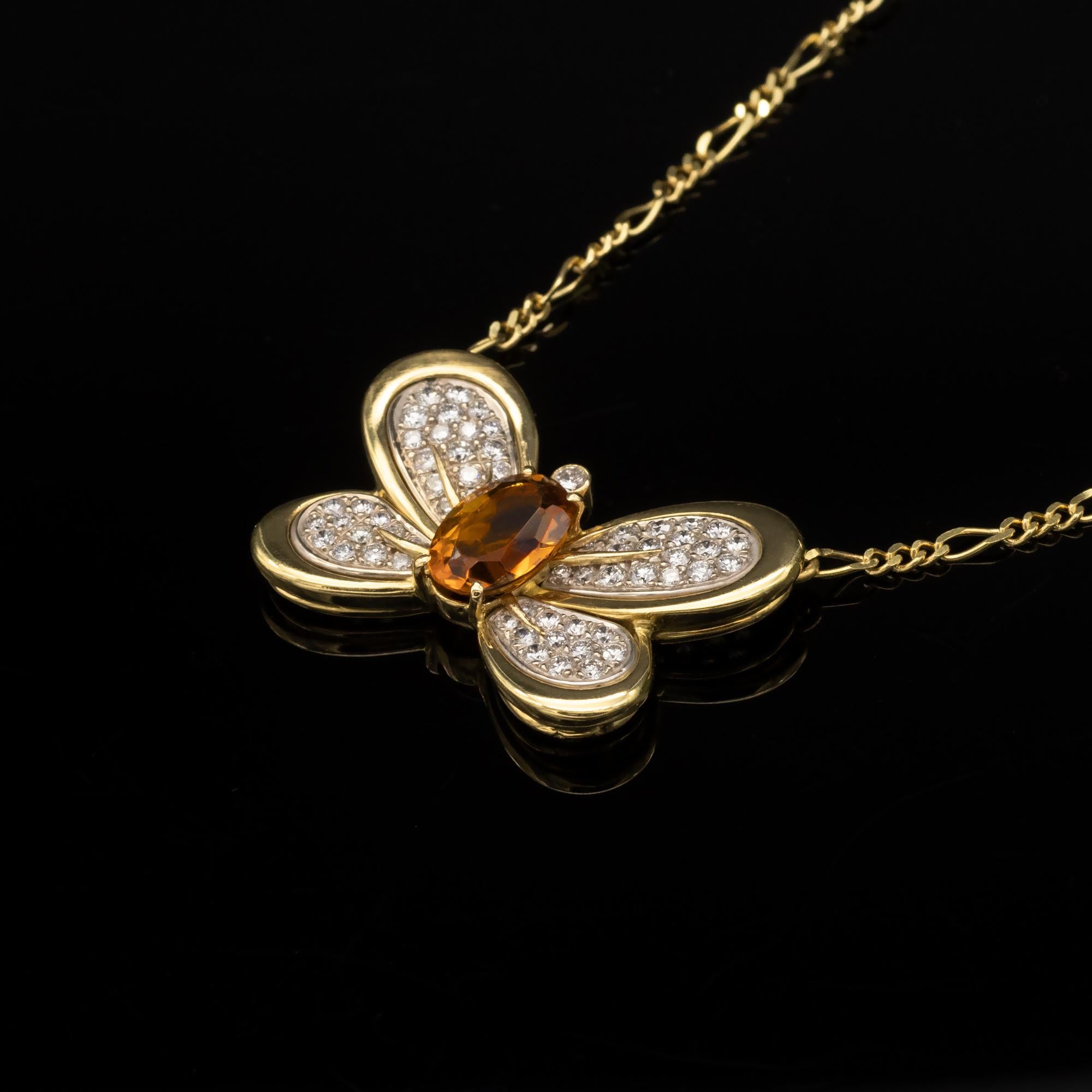 Contemporary Diamond Citrine and Gold Butterfly Necklace