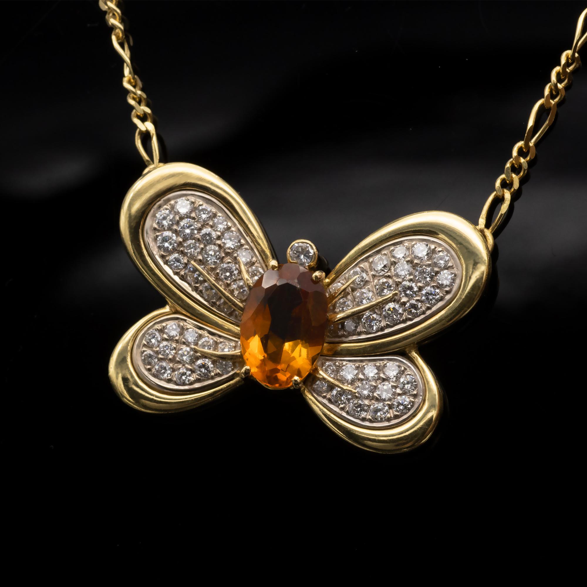 Diamond Citrine and Gold Butterfly Necklace In New Condition In Monte Carlo, MC