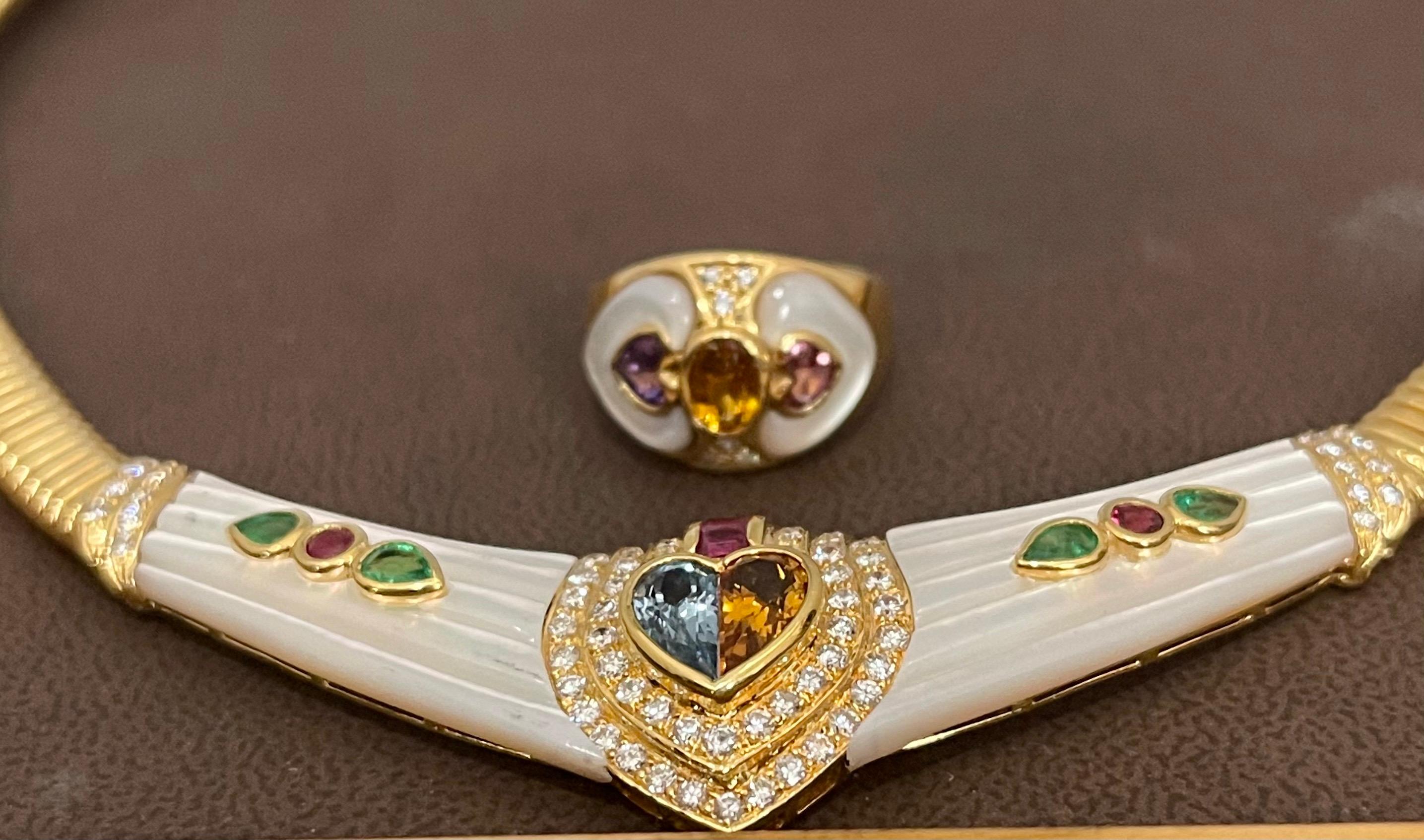 Women's Diamond, Citrine, Blue Topaz Necklace and Ring Set in 18 Karat Yellow Gold 54Gm