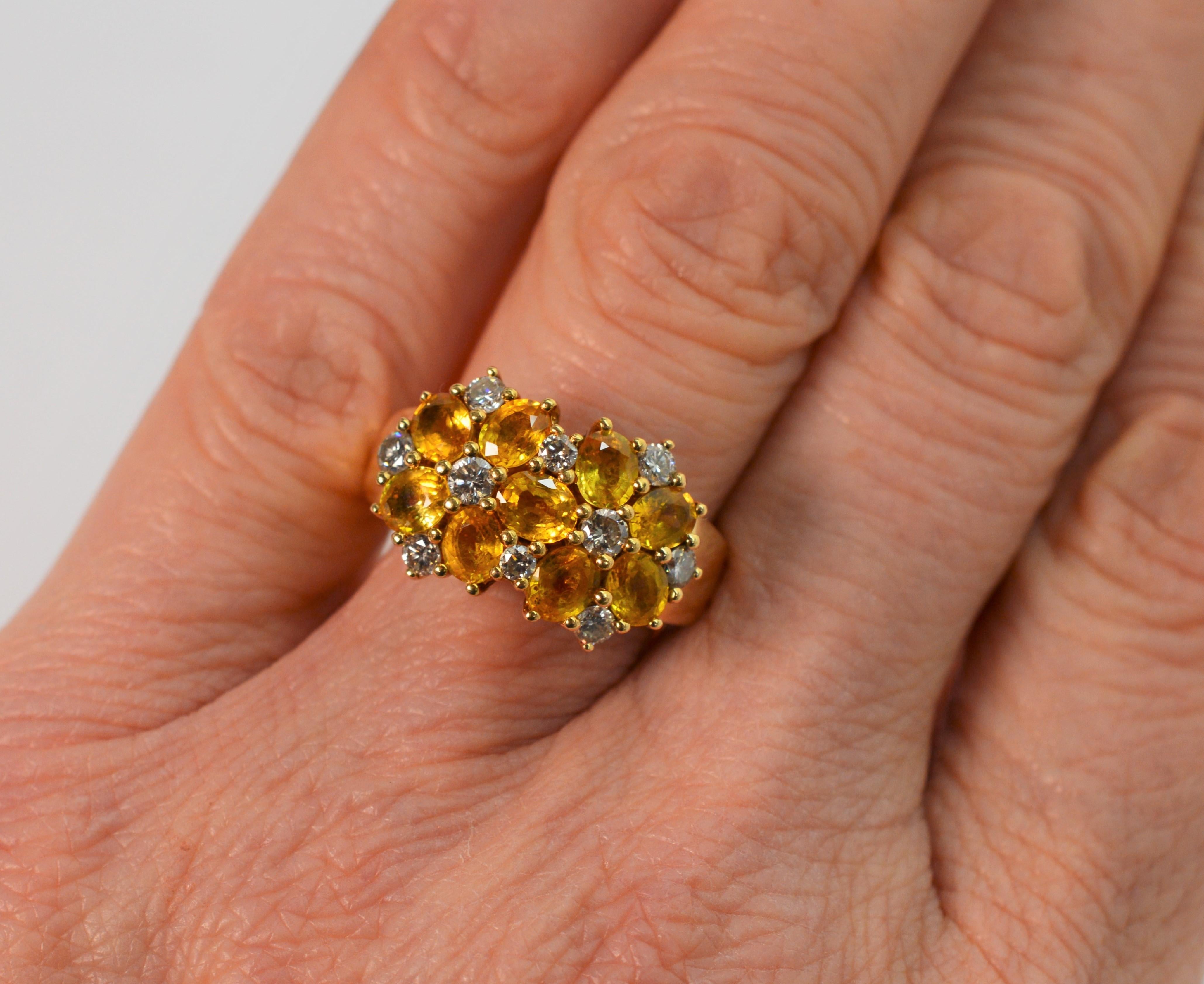 Diamond Citrine Floral Cluster 18 Karat Yellow Gold Ring In Good Condition In Mount Kisco, NY