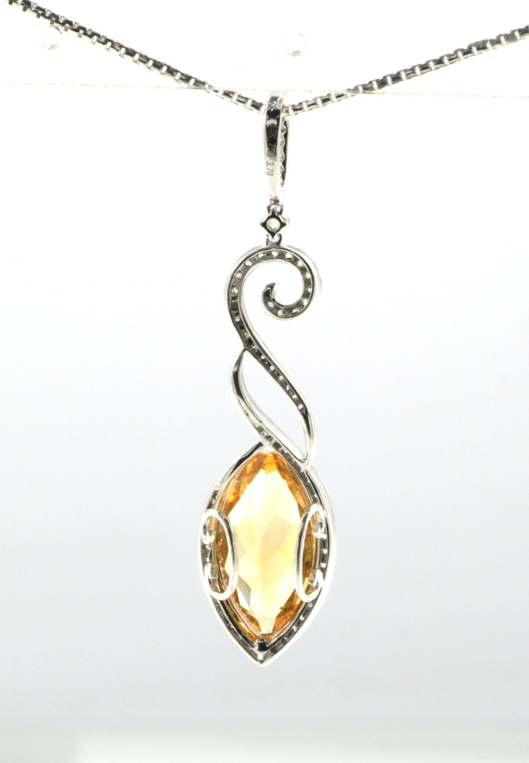 Discover elegance with our stunning pendant, featuring a 3.70-carat marquise-shaped citrine, surrounded by 0.50 carats of white brilliance cut diamonds. The golden citrine is perfectly accented by the sparkle of the diamonds, creating a harmonious