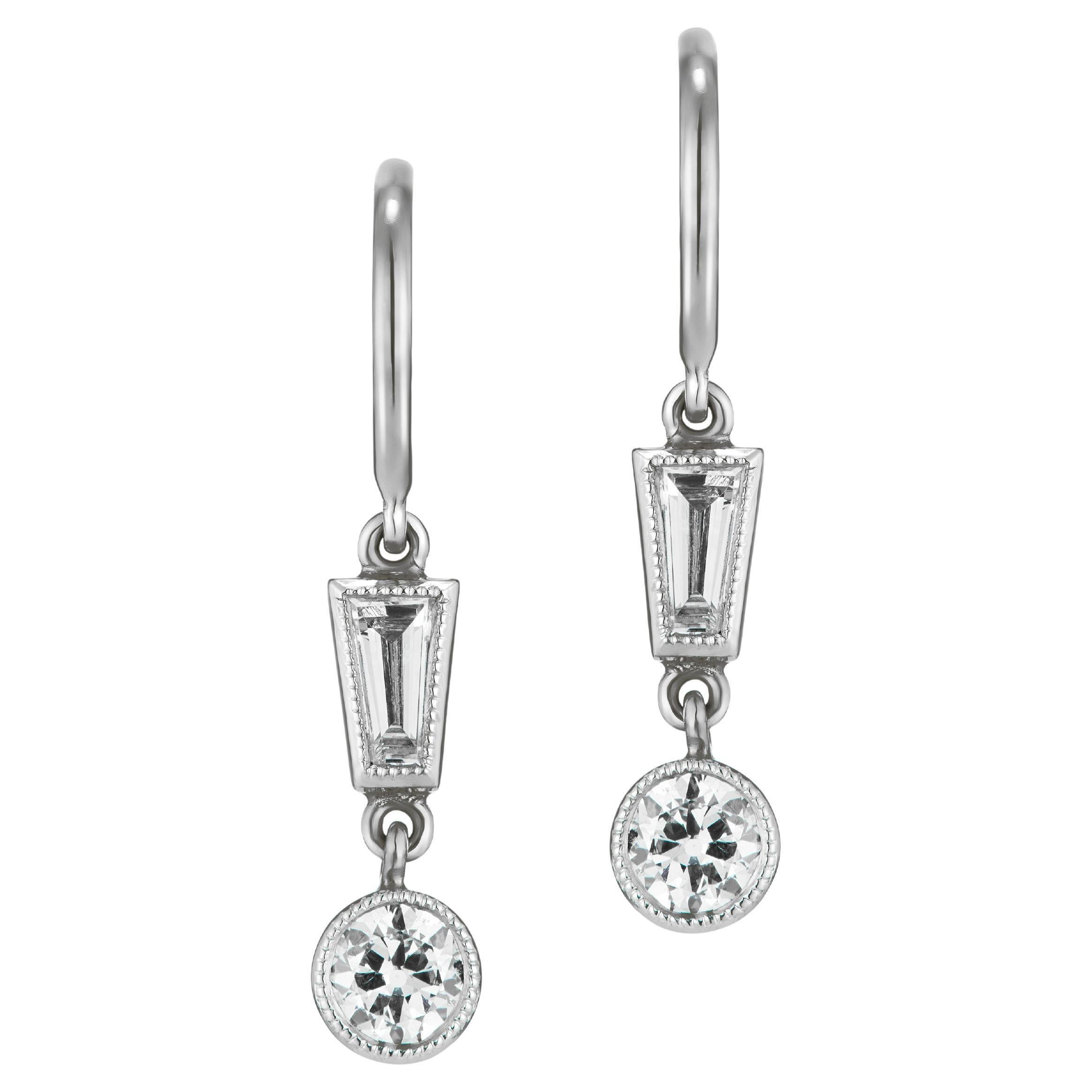 Art Deco Inspired Diamond Platinum Drop Earrings For Sale