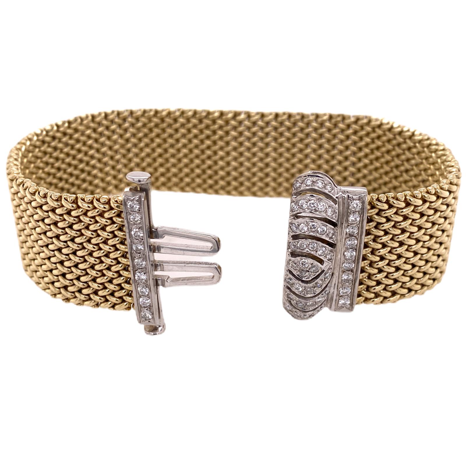 Modern Diamond Clasp Woven Flexible 14 Karat Two Tone Link Gold Bracelet