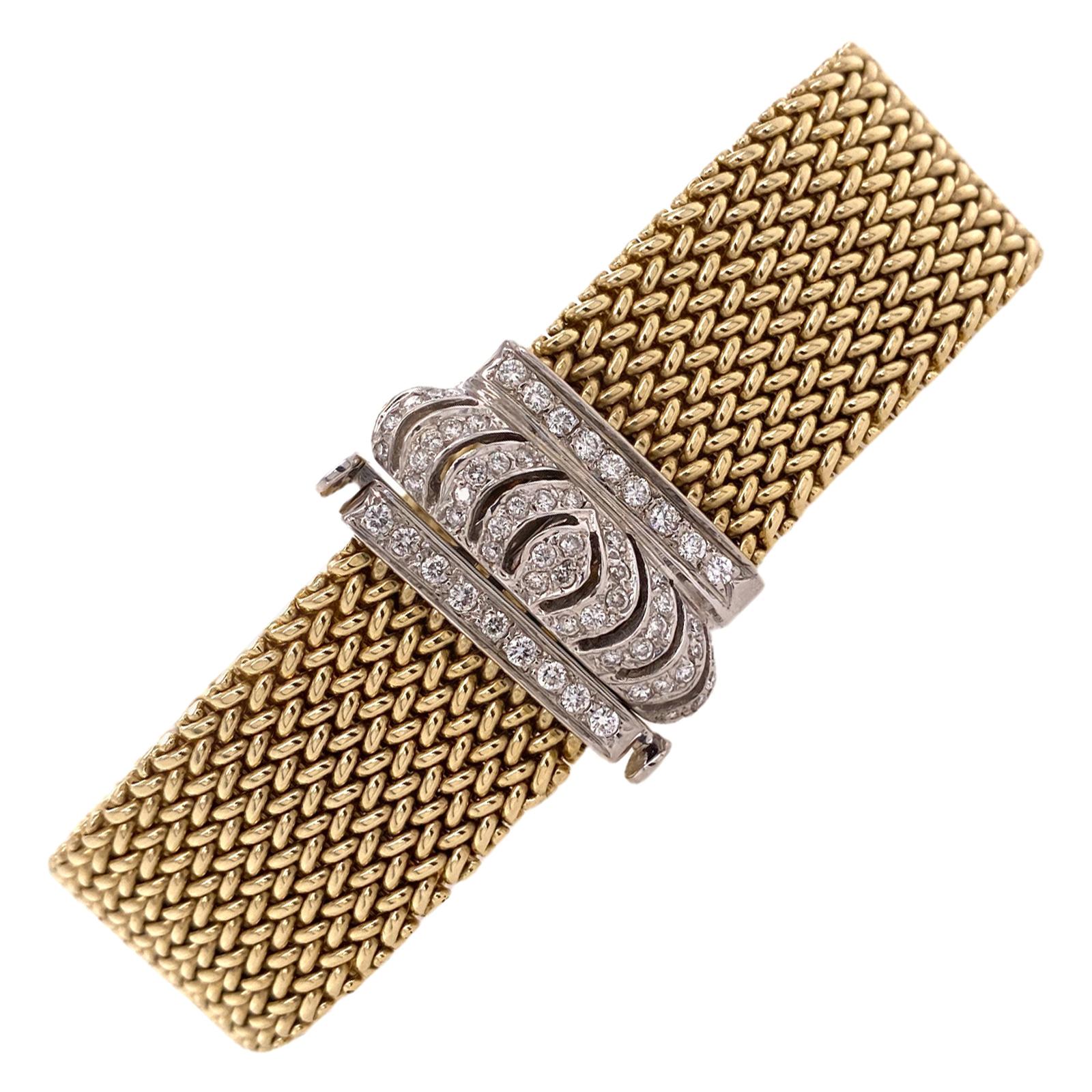 Diamond Clasp Woven Flexible 14 Karat Two Tone Link Gold Bracelet