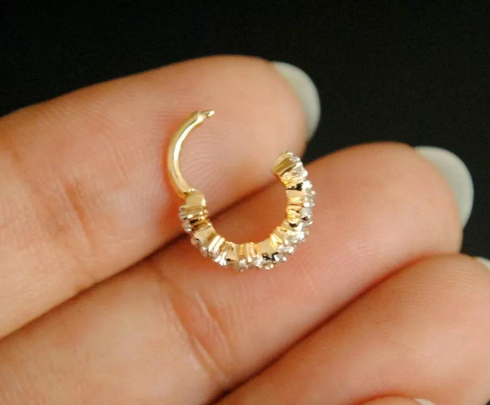 Art Deco Diamond Clicker Hoop Nose Ring 14k Solid Gold Diamond Huggie Earring Gift 1 pc For Sale