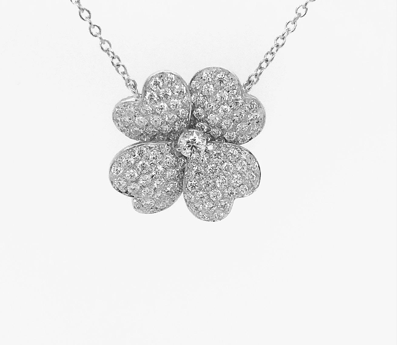 DIAMOND CLOVER NECKLACE 18K WHITE GOLD

Center Stone Total Carat Weight 0.18 carat 

G Color VS1 Clarity

with GIA Certificate #6371025560

Micropave Round Brilliant Diamonds 1.78 carats

D/E Color VVS/VS Clarity

1.96 CTW of all Diamonds

Set in