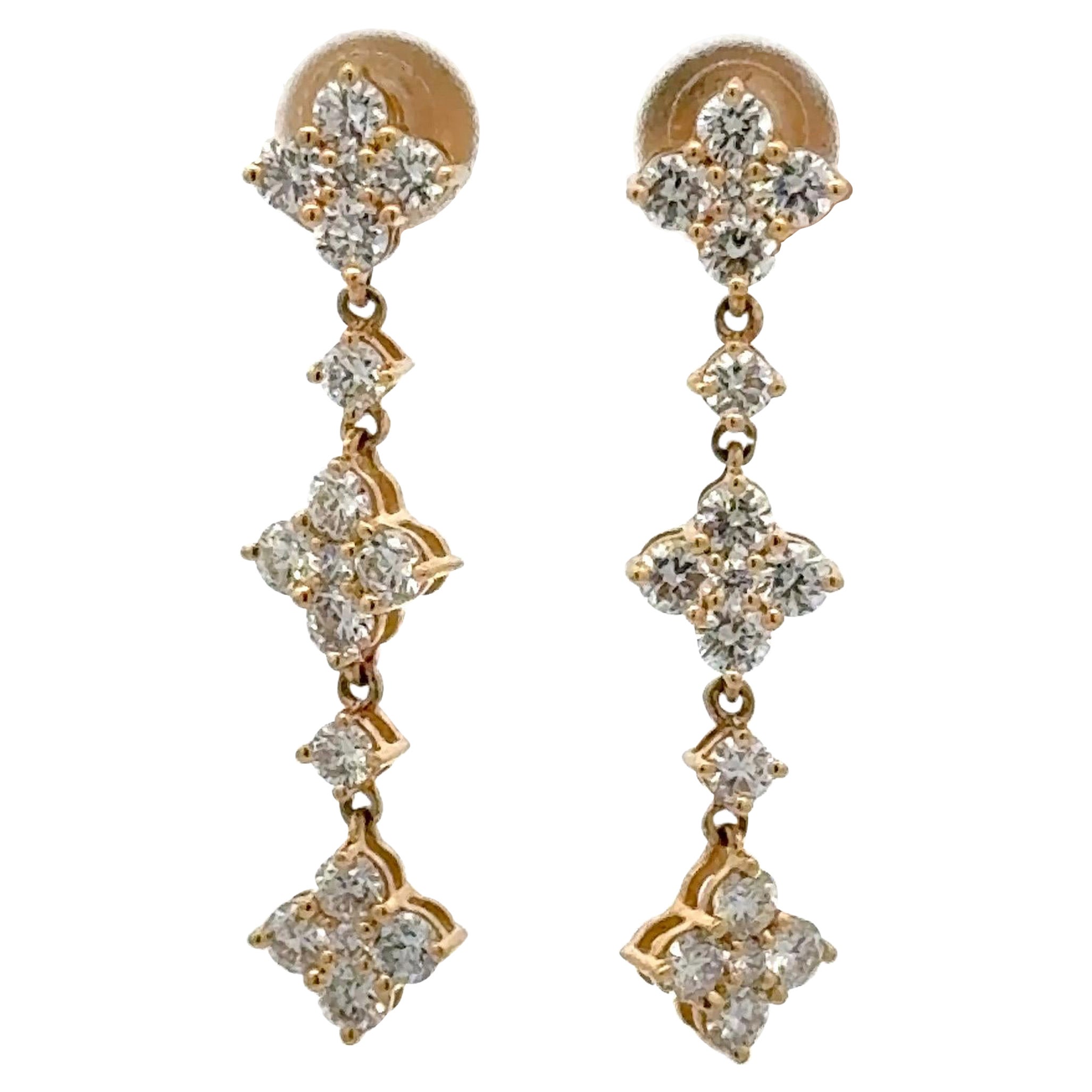 Diamant-Clover-Tropfen-Ohrringe 1,40 Karat 14 Karat Gelbgold 2,69 Gramm