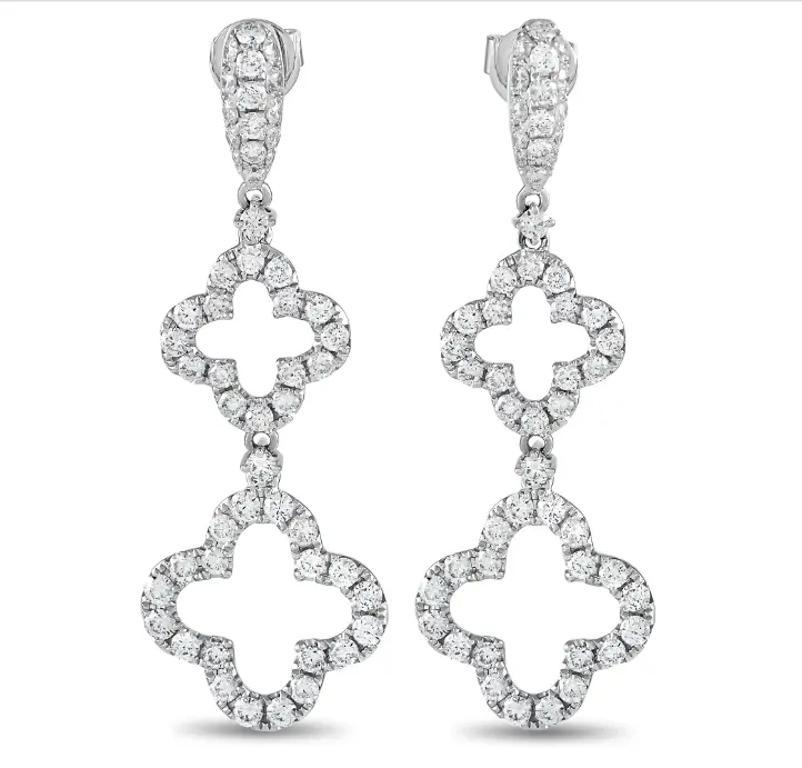 Round Cut Diamond Clover Drop Earrings 3.44 Carat Total Weight in 18k White Gold For Sale