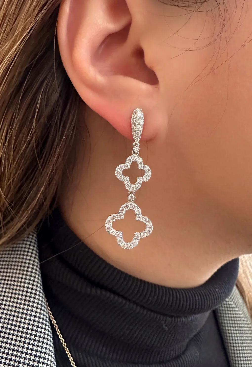 Women's Diamond Clover Drop Earrings 3.44 Carat Total Weight in 18k White Gold For Sale