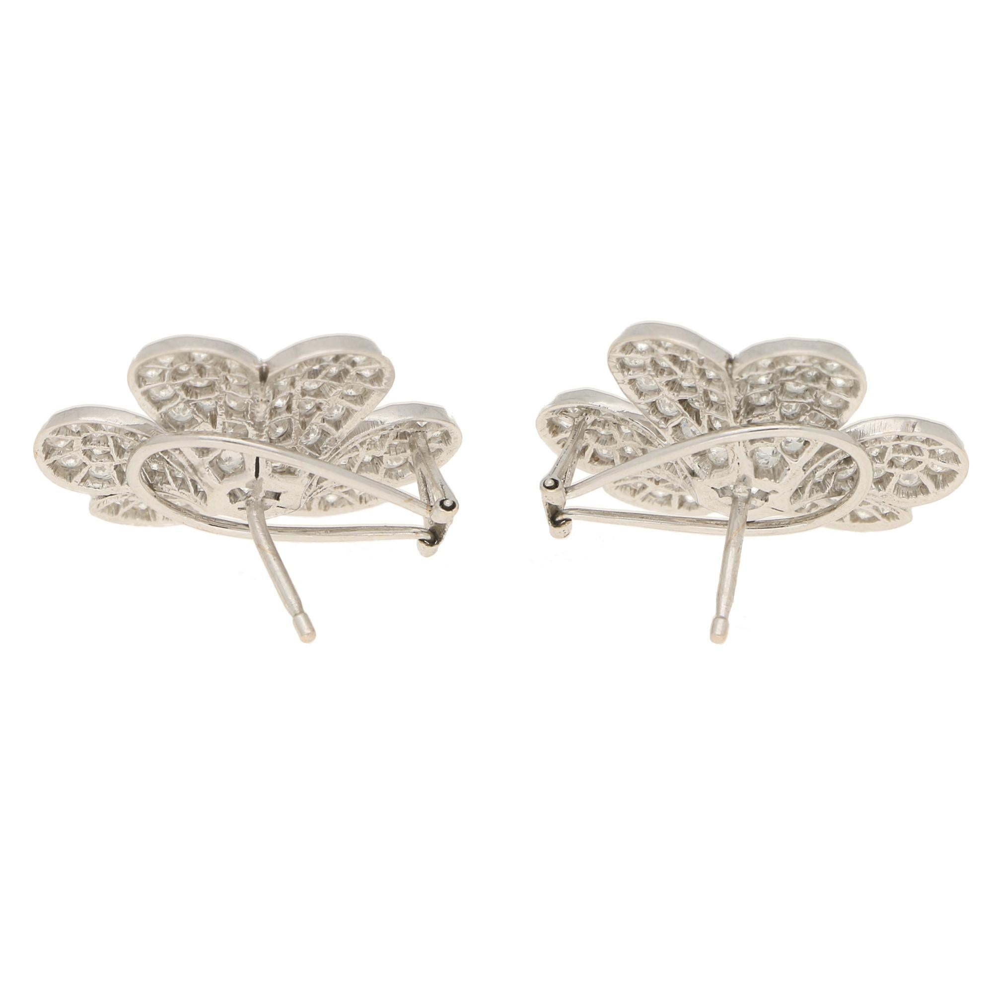 Round Cut Diamond Clover Earrings Set in 18k White Gold 