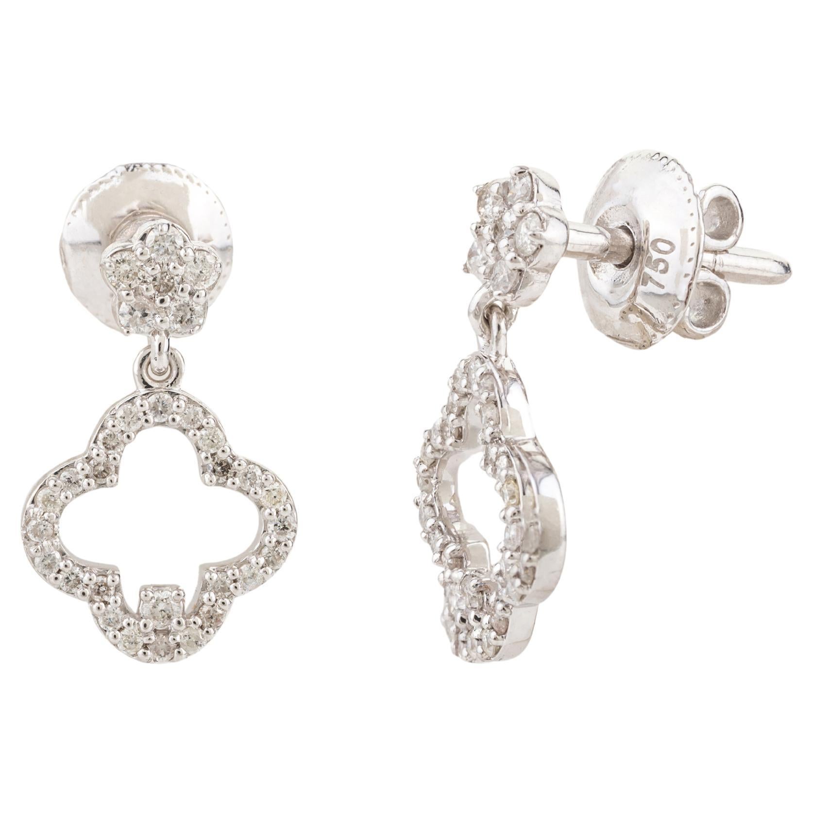 Diamond Clover Earrings Set for Women 18 Karat Solid White Gold For Sale