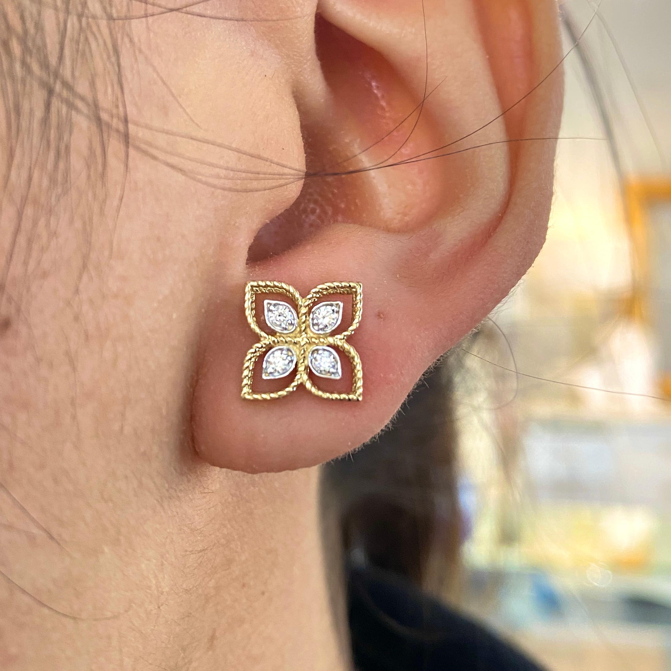 Round Cut Diamond Clover Earrings w Flower Design & 8 Diamonds .18 Carats 14K Yellow Gold For Sale