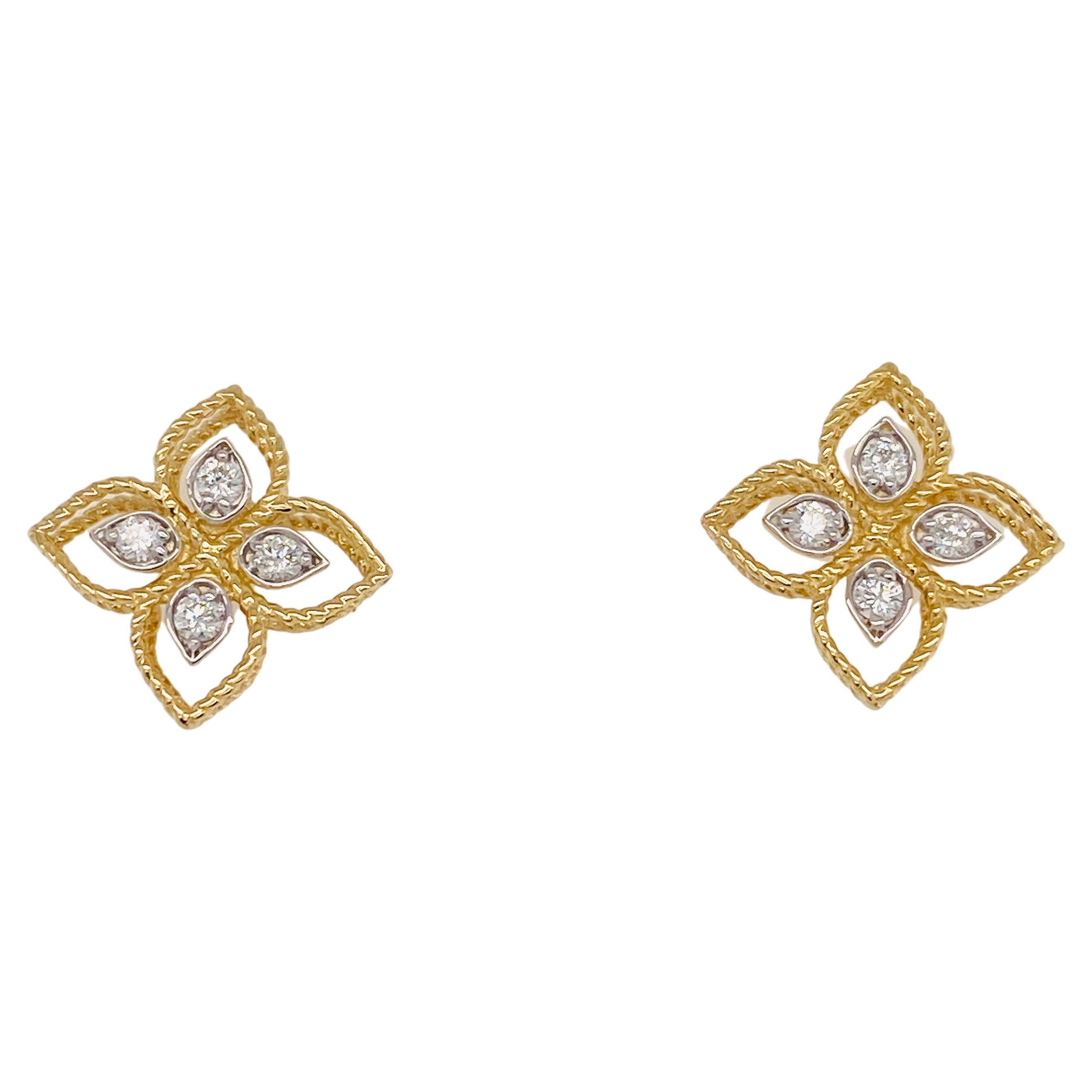 Diamond Clover Earrings w Flower Design & 8 Diamonds .18 Carats 14K Yellow Gold For Sale