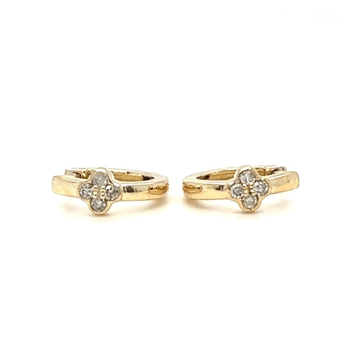 Art Deco Diamond Clover Huggie Kids Earrings in 14K Solid Gold (Certified) For Sale
