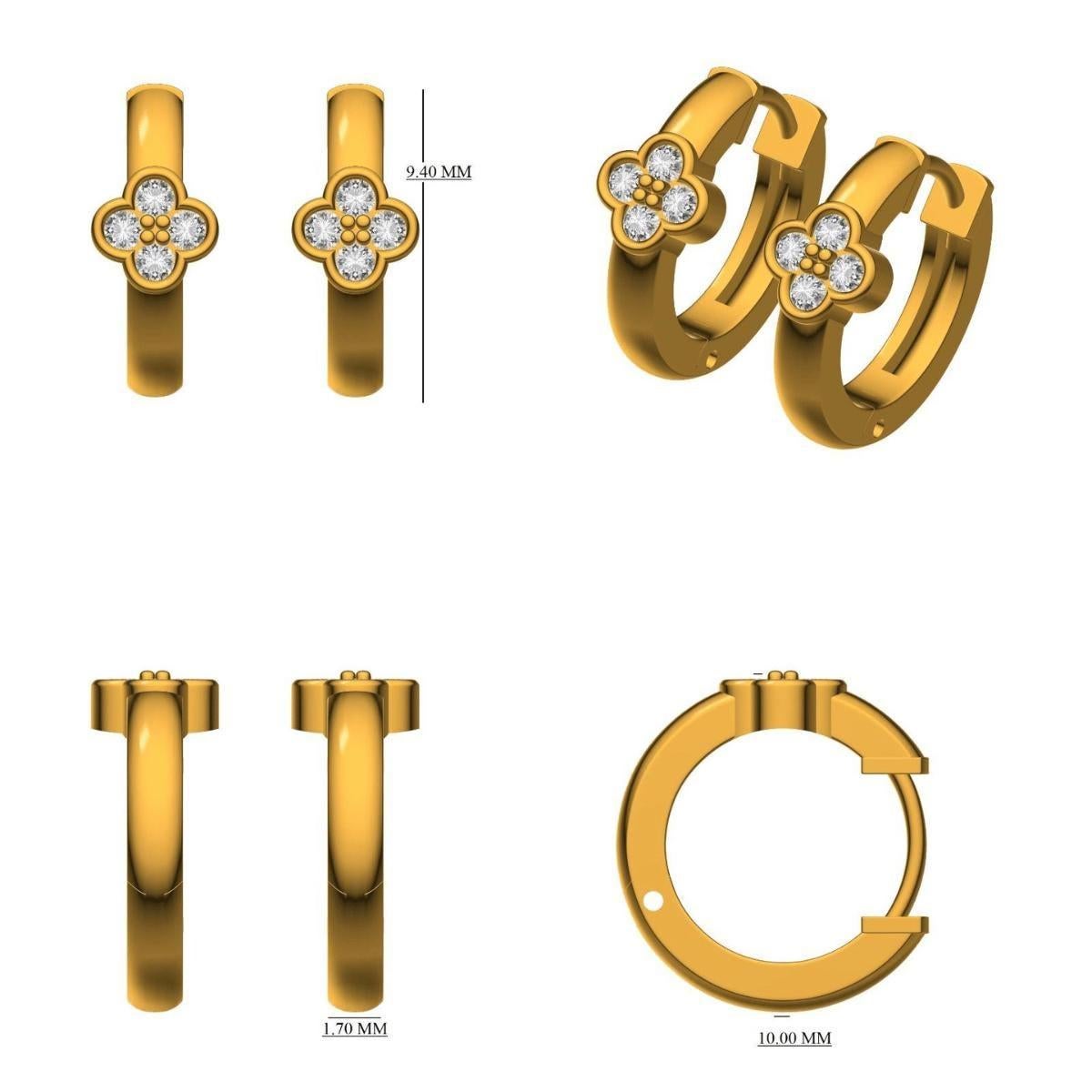 Diamond Clover Huggie Kids Earrings in 14K Solid Gold (Certified) For Sale 2