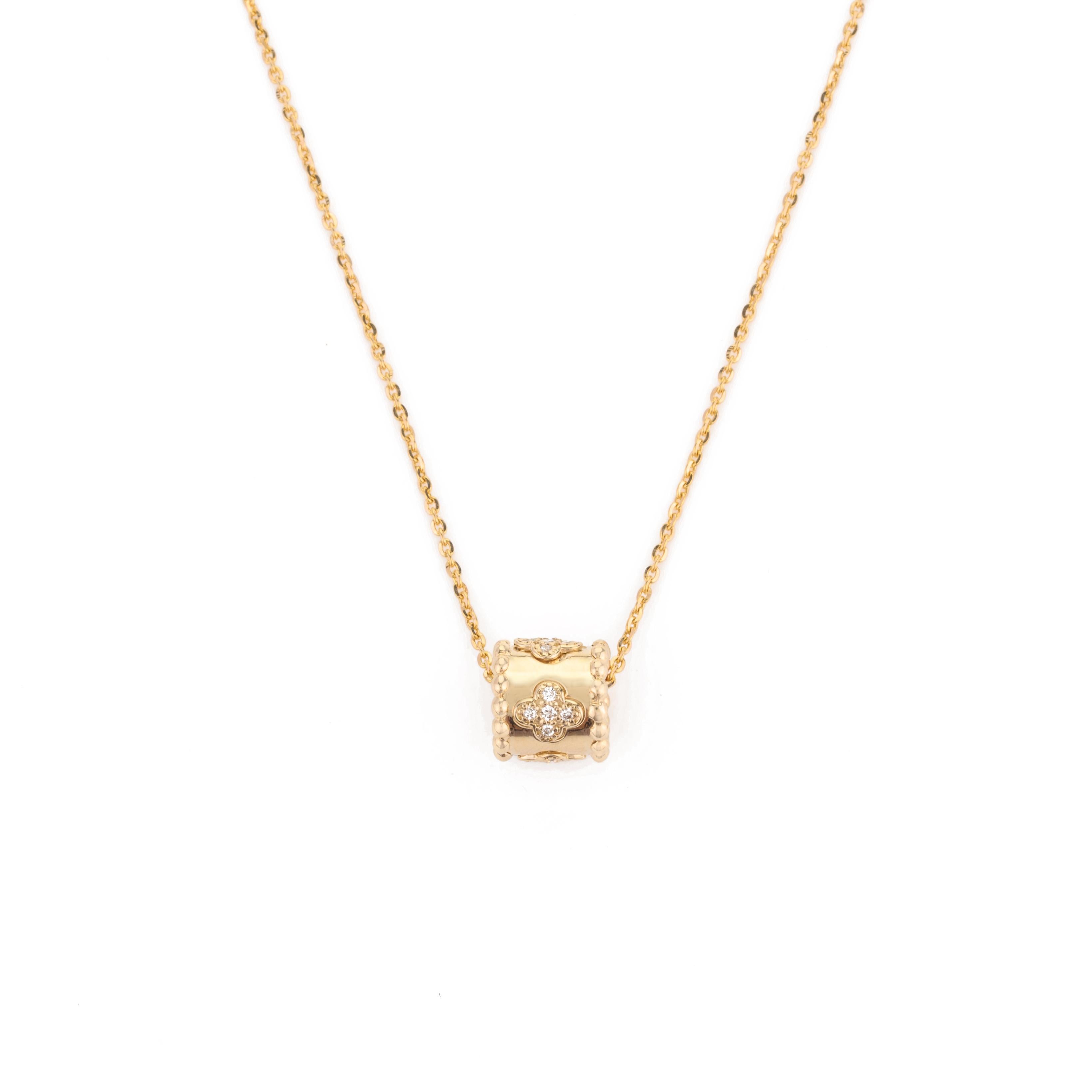 Modern Diamond Clover Roller Pendant Chain Necklace for Her in 14k Solid Yellow Gold For Sale