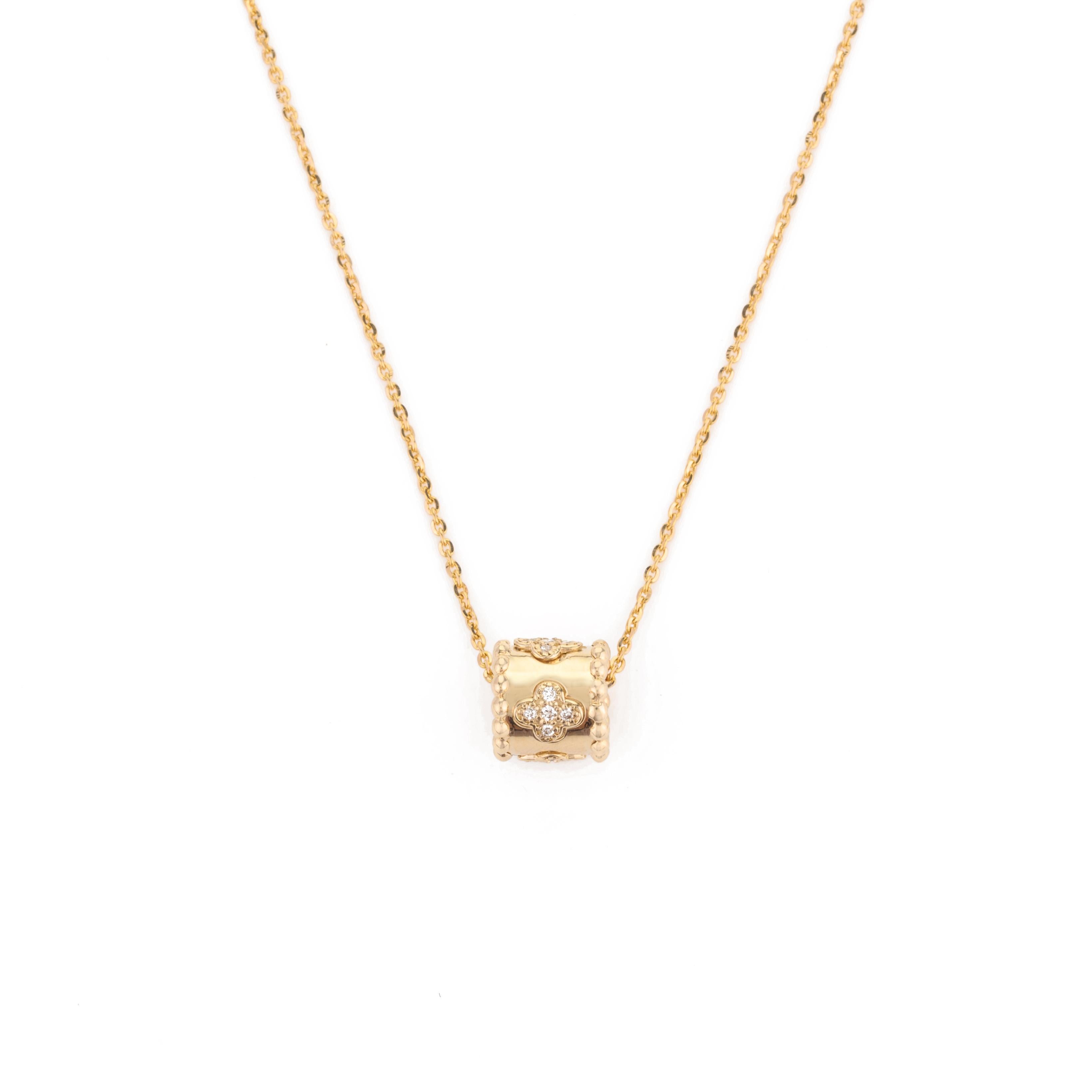 Modern Diamond Clover Roller Pendant Chain Necklace for Her in 14k Solid Yellow Gold