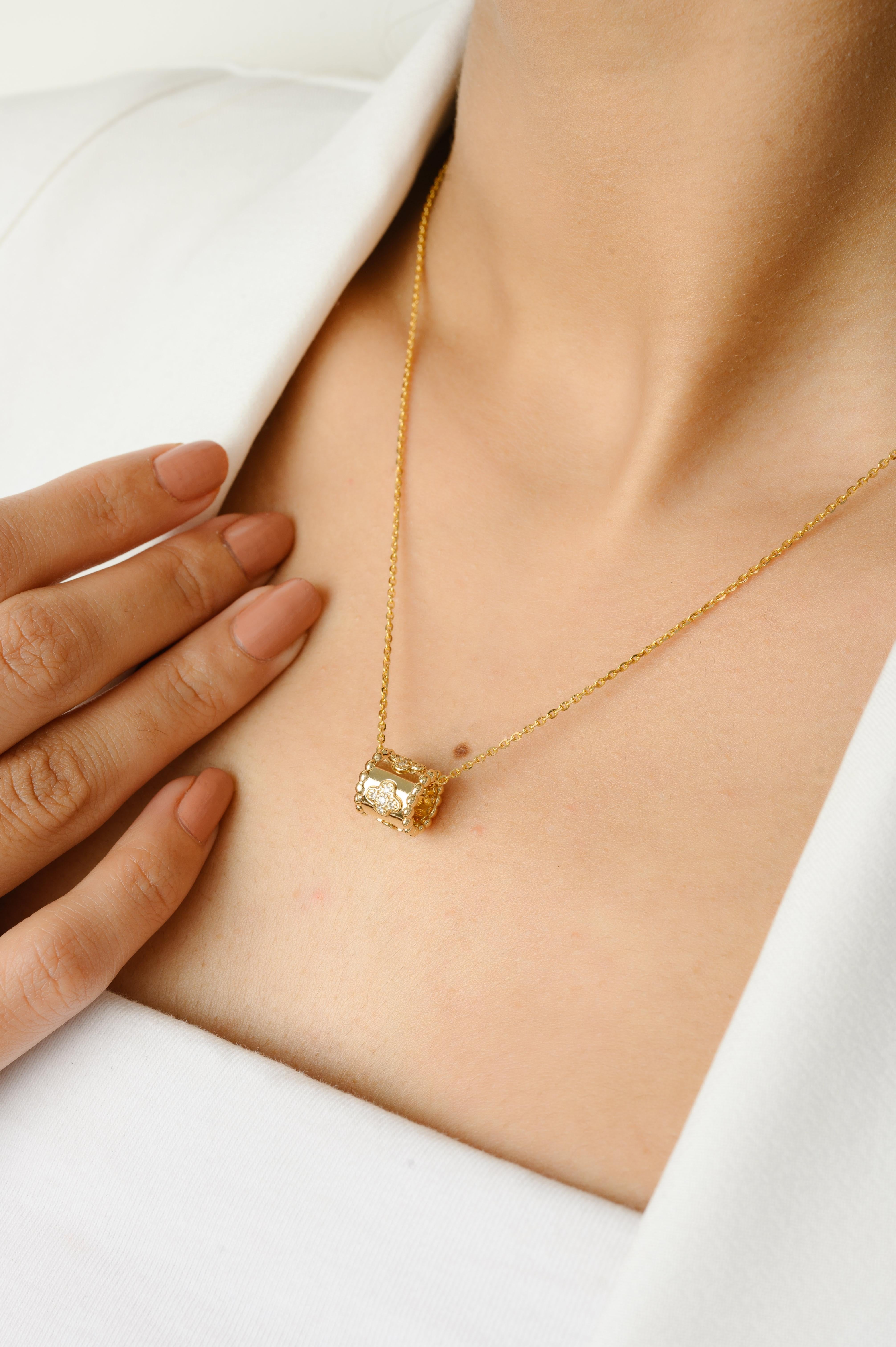 Diamant Kleeblatt Roller Anhänger Kette Halskette für sie in 14k massivem Gelbgold mit Diamanten (Rundschliff)