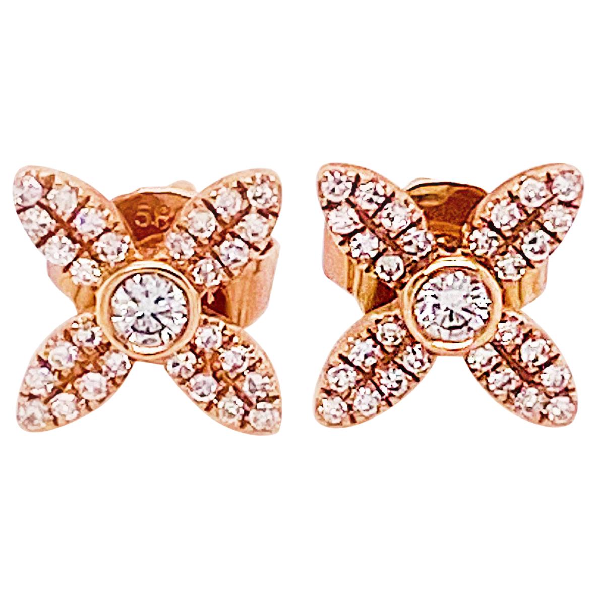 Diamond Clover Rose Gold Stud Earrings .16 Carat Diamond 14K Gold Earring Studs For Sale