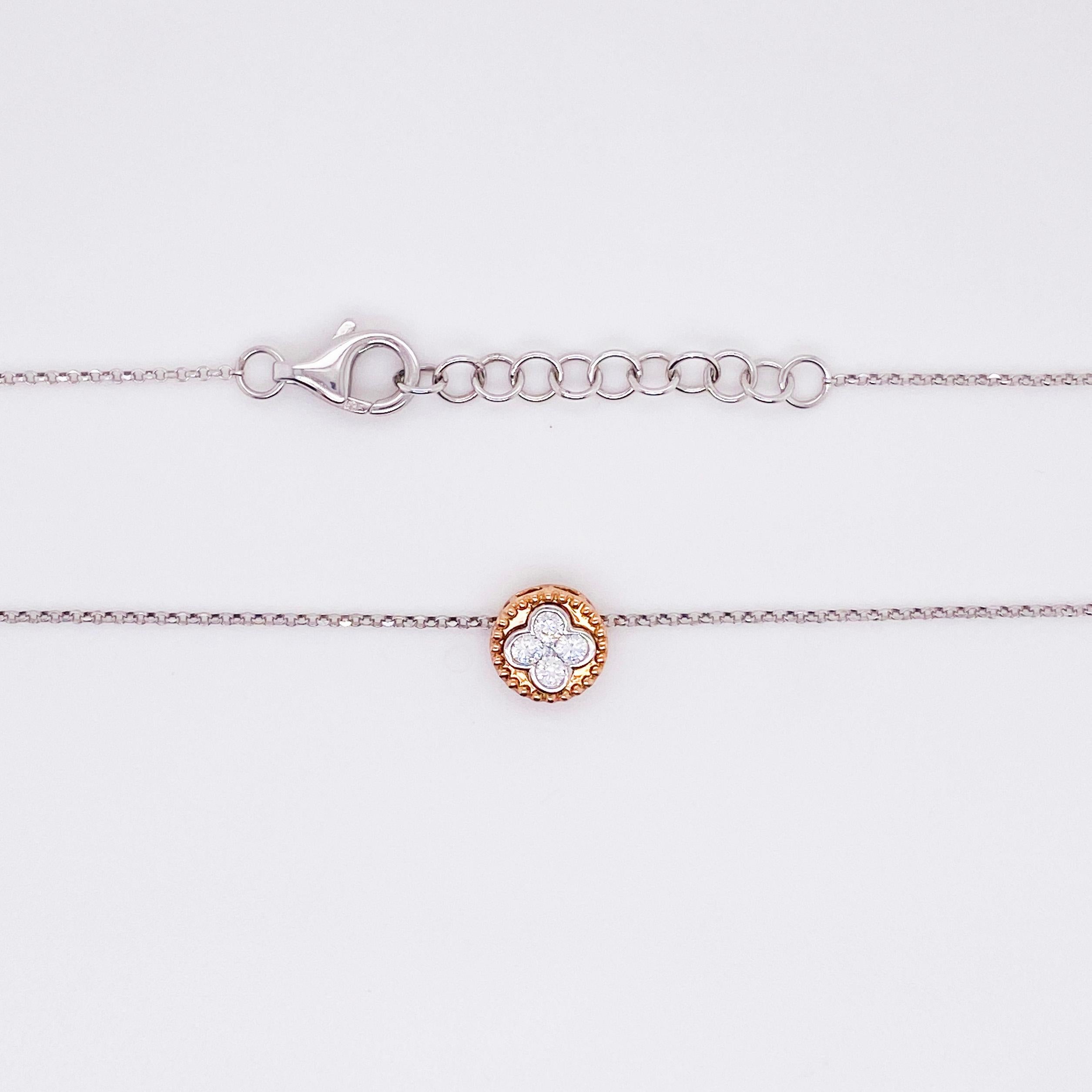 Modern Diamond Clover Two-Tone Necklace 14 Karat White and Rose Gold Diamond Pendant