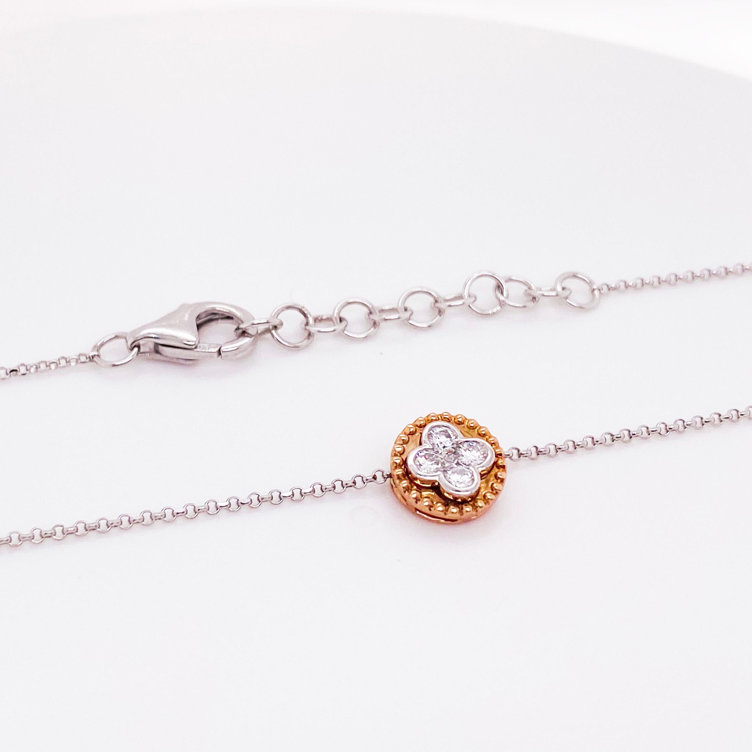 Round Cut Diamond Clover Two-Tone Necklace 14 Karat White and Rose Gold Diamond Pendant