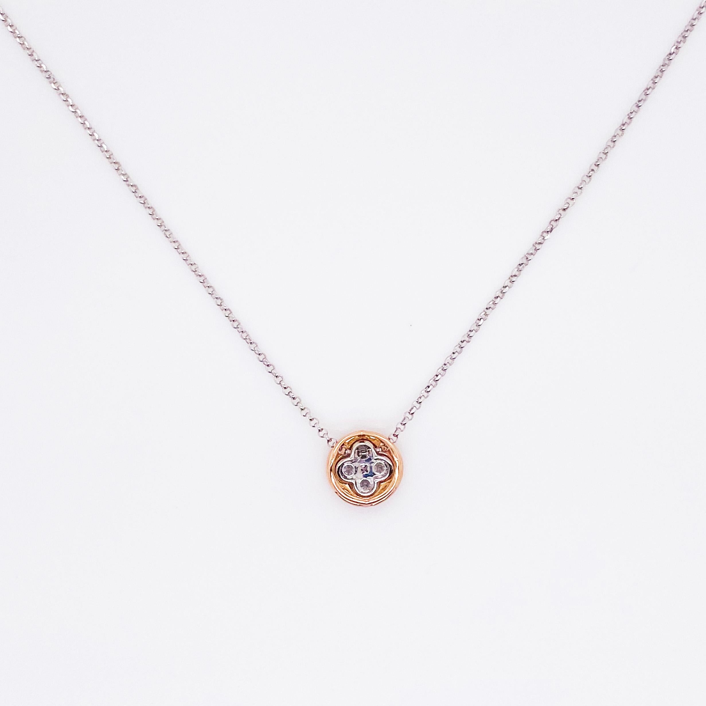 Diamond Clover Two-Tone Necklace 14 Karat White and Rose Gold Diamond Pendant In New Condition In Austin, TX