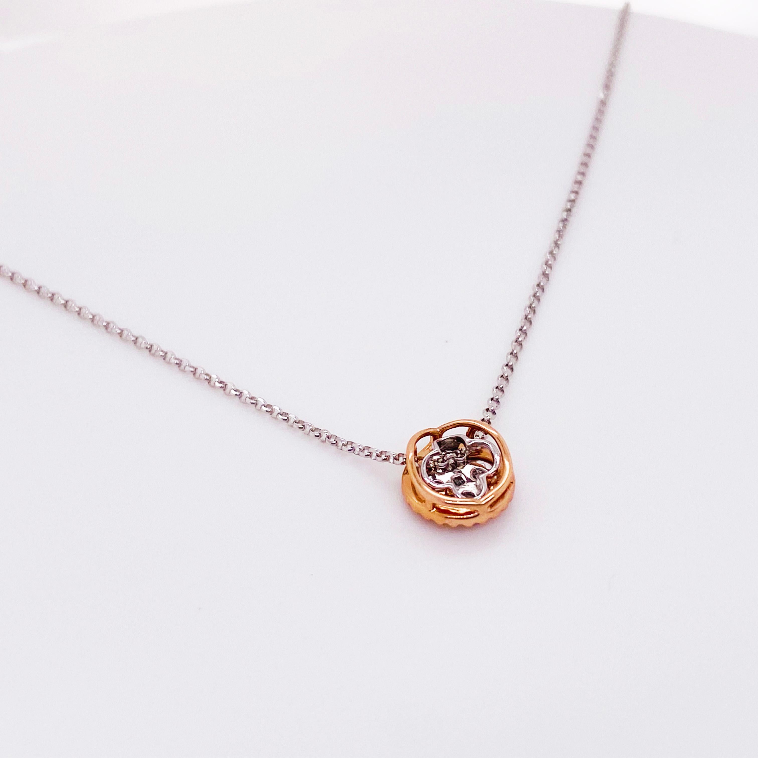 Women's Diamond Clover Two-Tone Necklace 14 Karat White and Rose Gold Diamond Pendant
