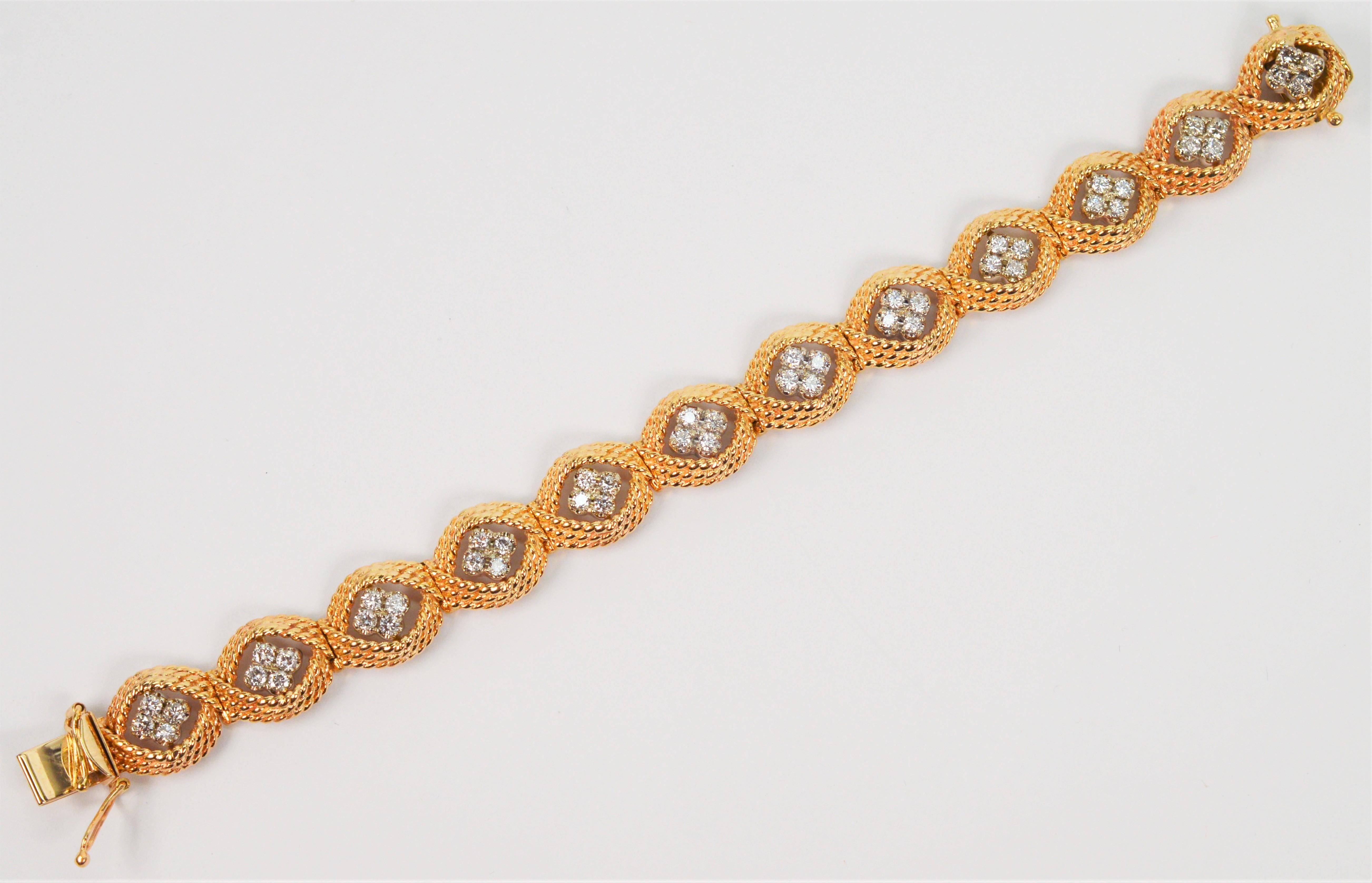 Diamond Cluster 14 Karat Yellow Gold Rope Oval Link Bracelet For Sale 1