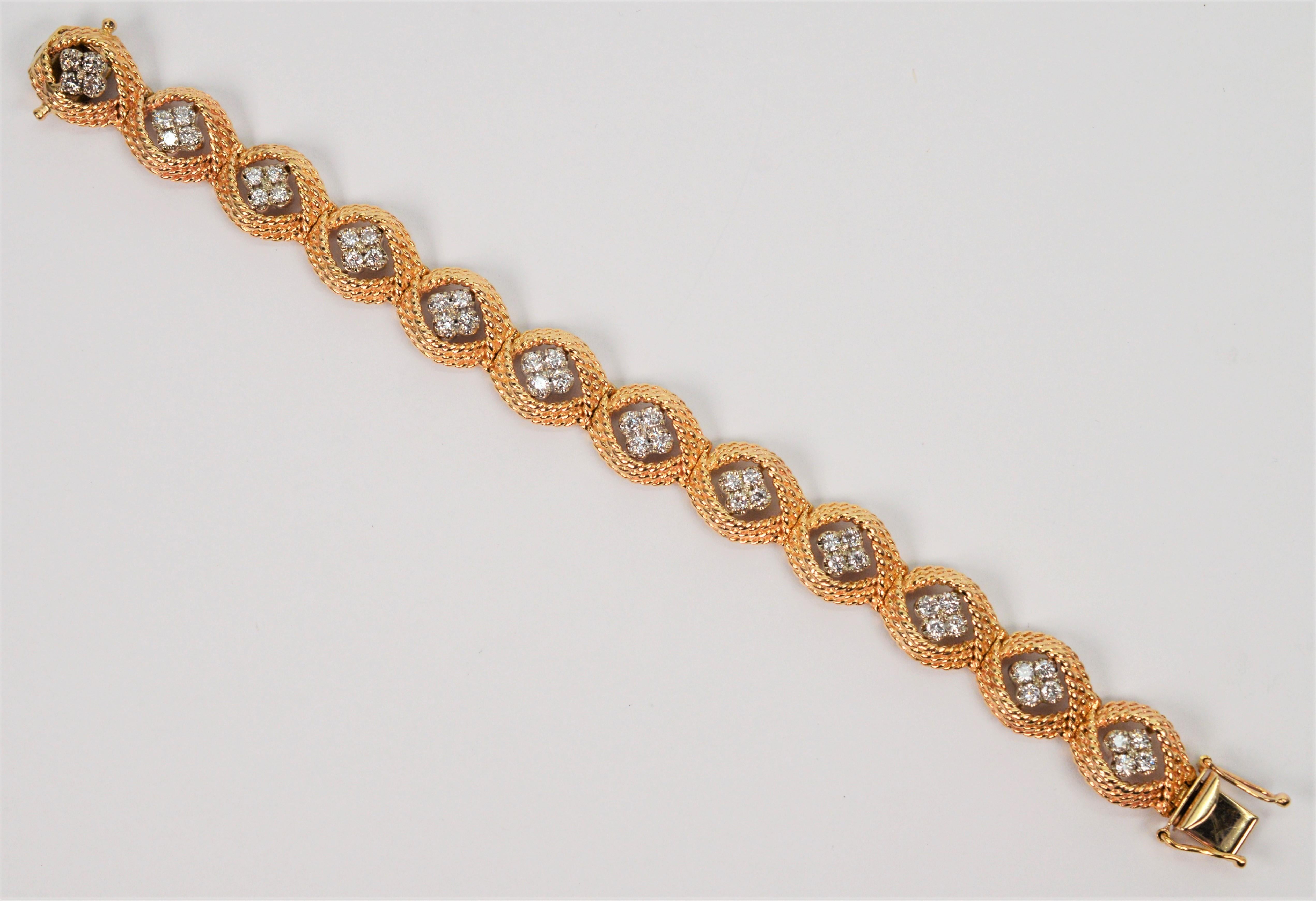 Diamond Cluster 14 Karat Yellow Gold Rope Oval Link Bracelet For Sale 2