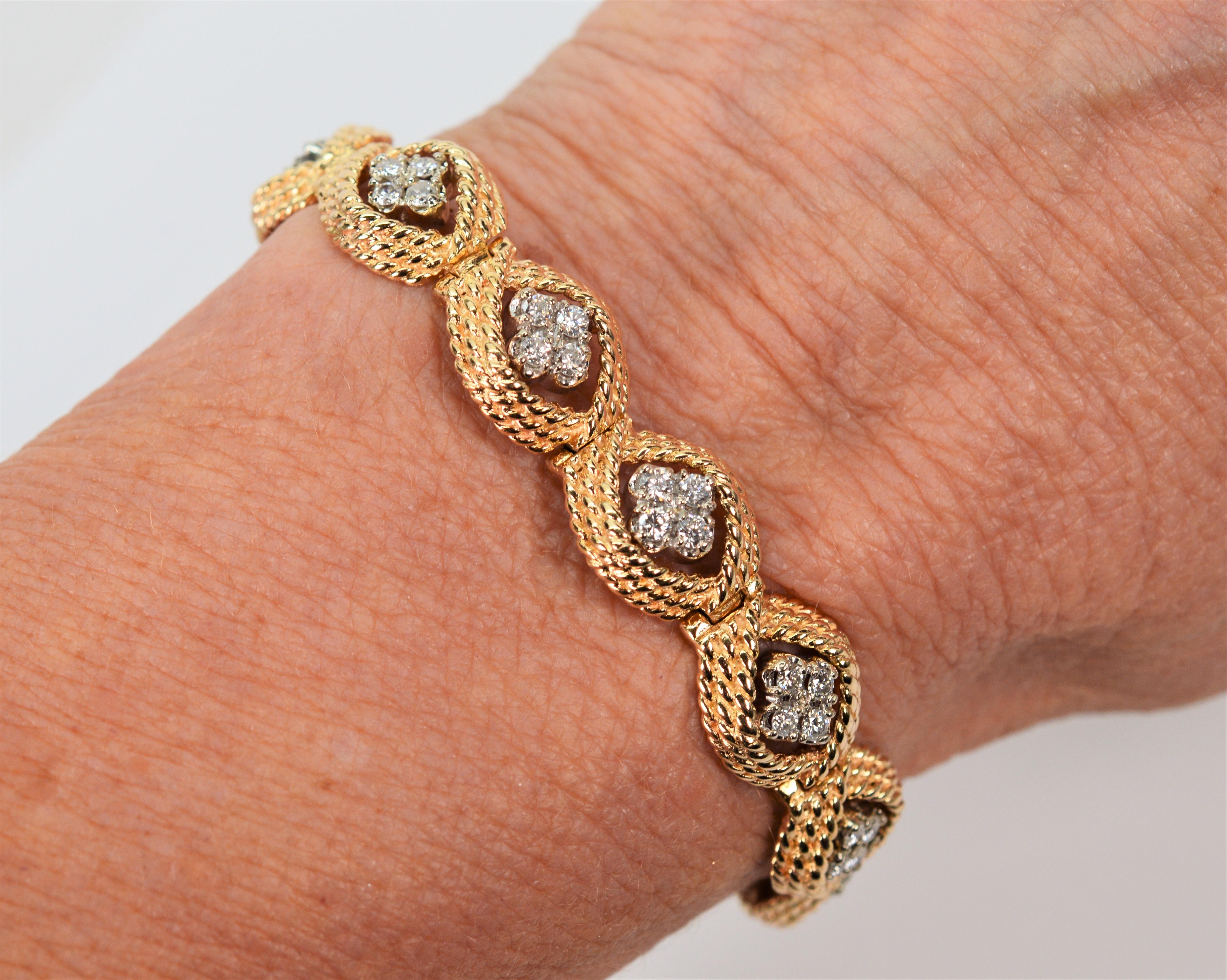 Diamond Cluster 14 Karat Yellow Gold Rope Oval Link Bracelet For Sale 3