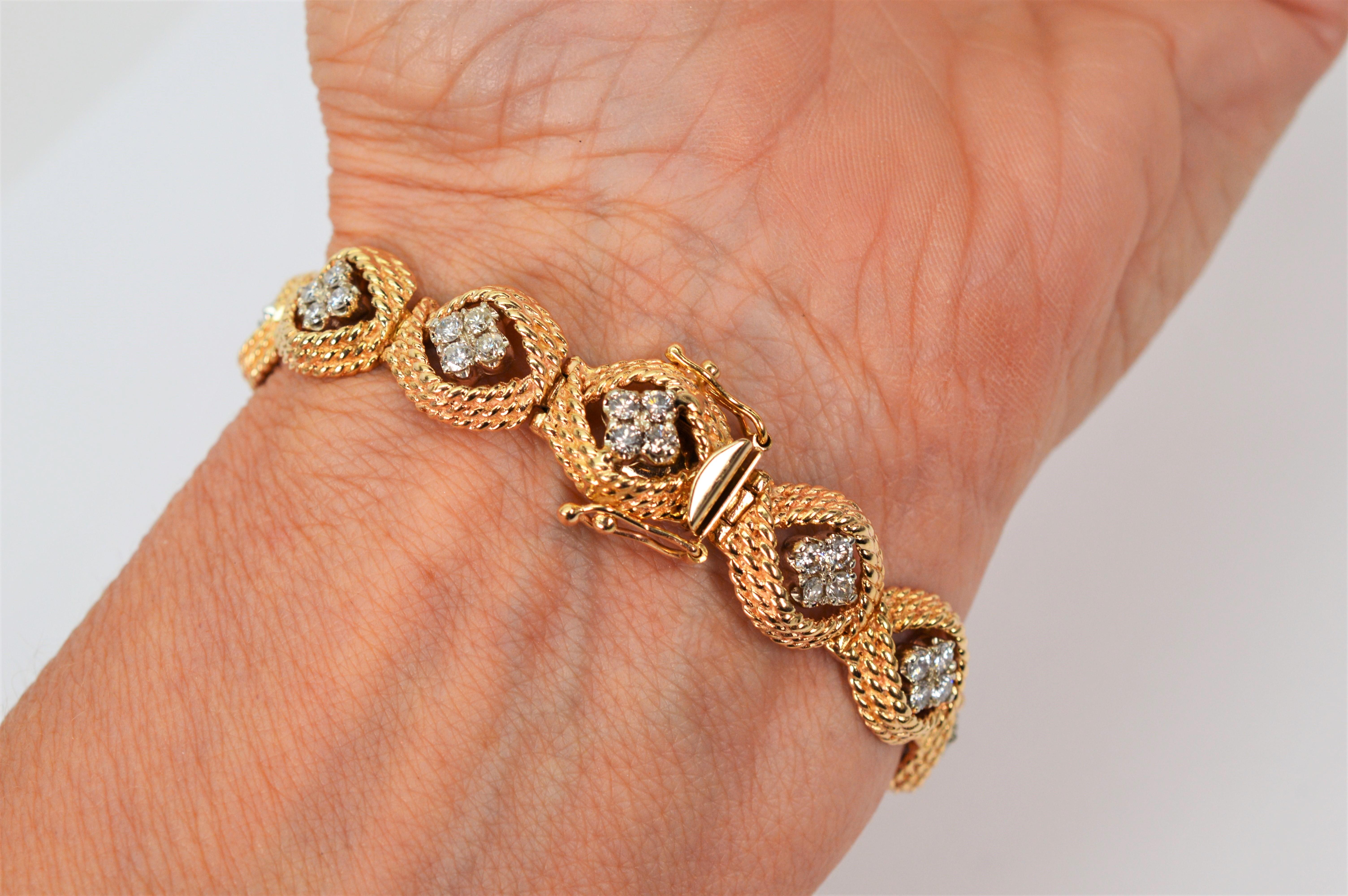 Diamond Cluster 14 Karat Yellow Gold Rope Oval Link Bracelet For Sale 4