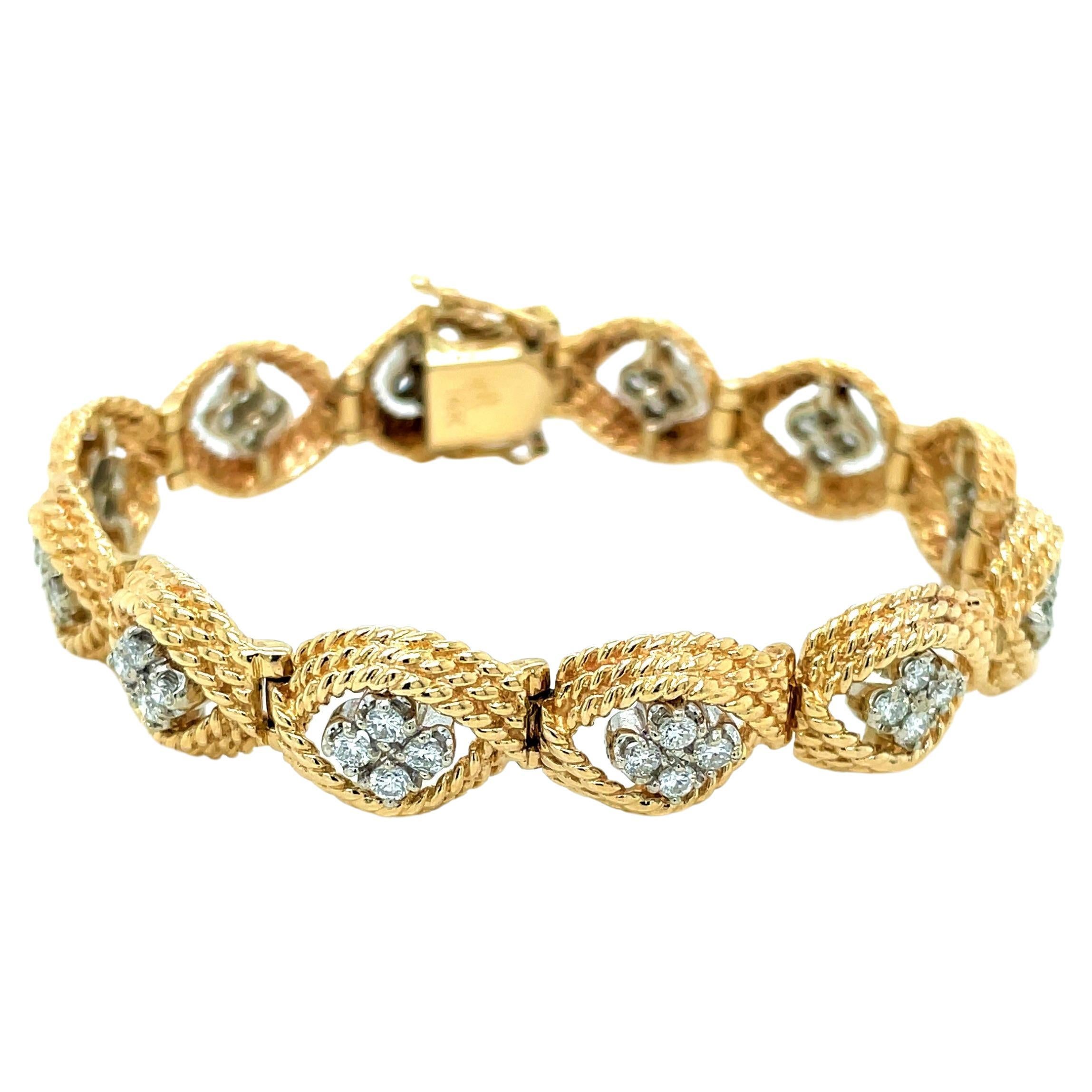 Diamond Cluster 14 Karat Yellow Gold Rope Oval Link Bracelet For Sale