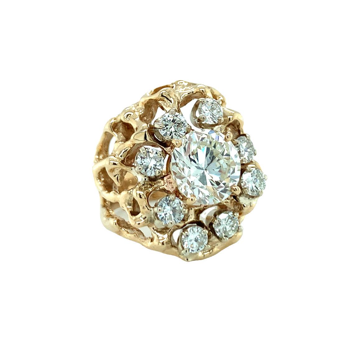 One diamond cluster 14K yellow gold ring in gold nugget, open work style centering one round brilliant cut diamond weighing 2.94 ct. with L-M color and VS-1 clarity. The ring is enhanced by 8 round brilliant cut diamonds weighing a total of 1.20 ct.