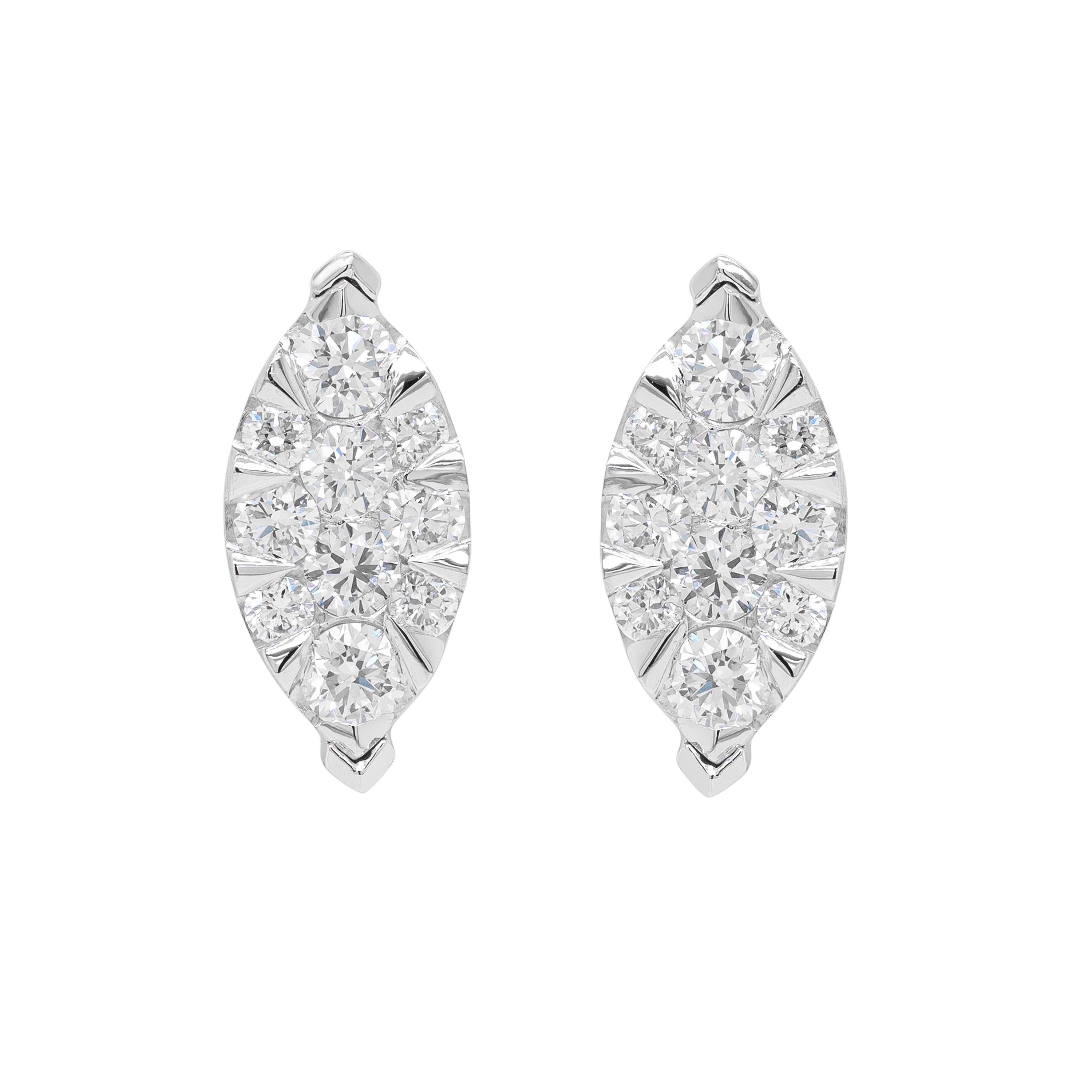 Exquisite and delicate, this beautiful 18 carat white gold set features a marquise shaped diamond pendant and matching earrings. The pendant is beautifully inlaid with 10 fine quality round brilliant cut diamonds, weighing 0.46ct in total. The