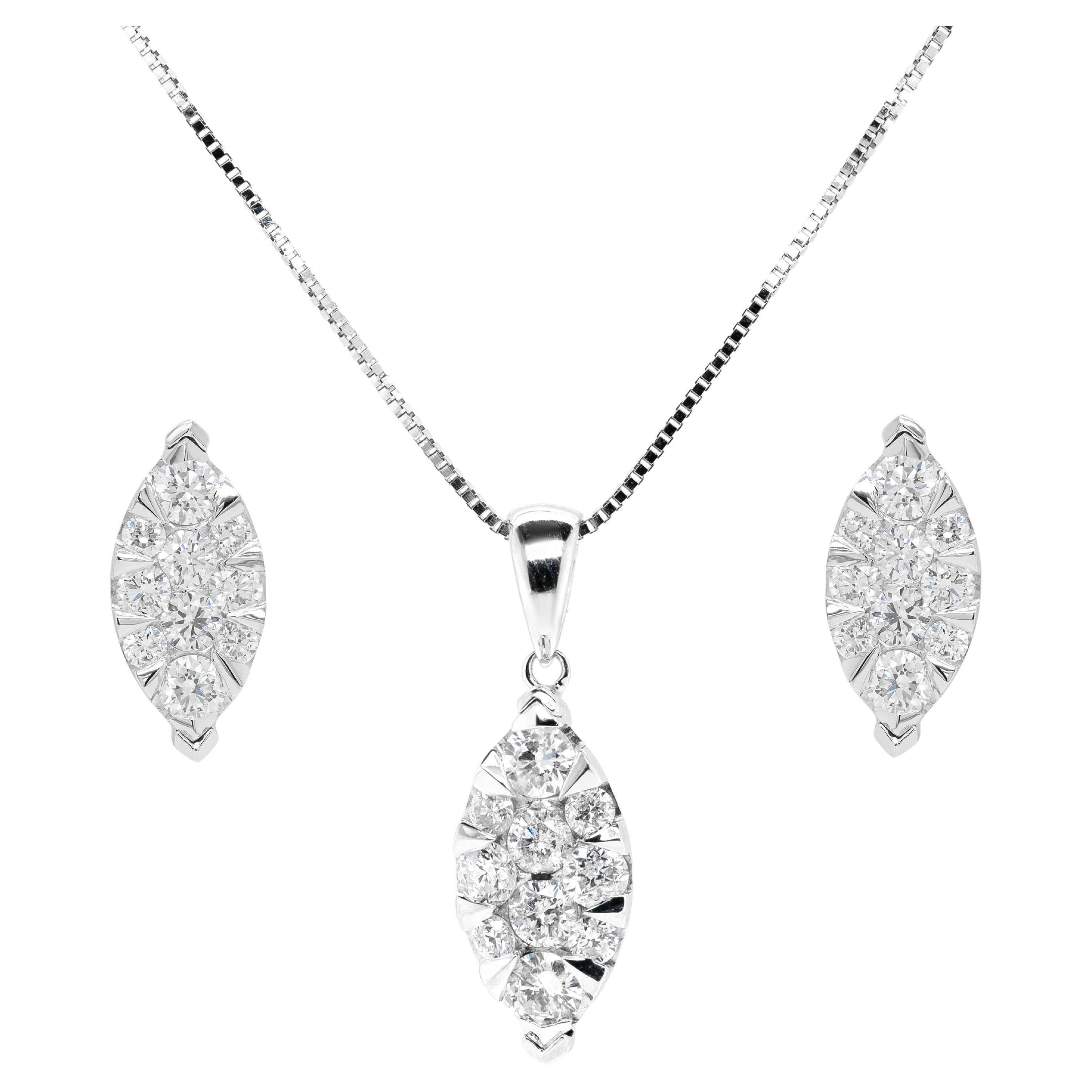Diamond Cluster 18 Carat White Gold Marquise Shape Earrings and Necklace Set For Sale
