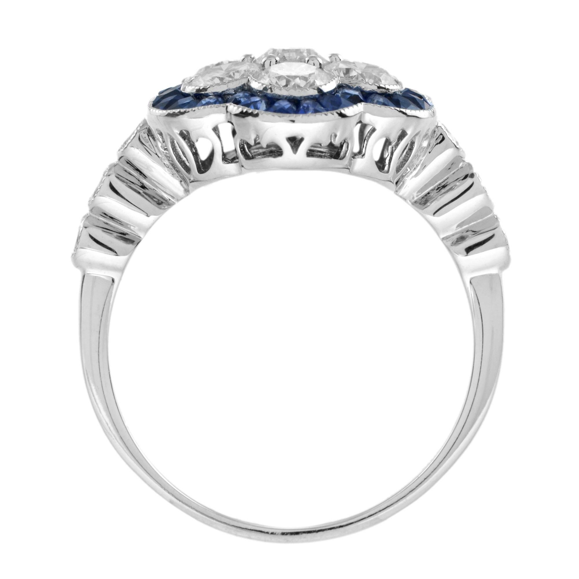 Anello in stile Art Deco con diamante e zaffiro blu in oro bianco 18 carati in vendita 3