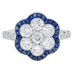 Diamond Cluster and Blue Sapphire Art Deco Style Ring in 18K White Gold