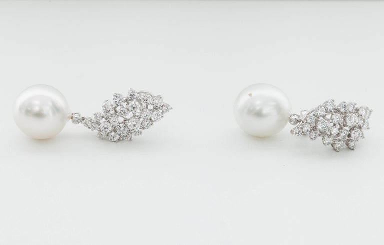 Diamond Cluster and Pearl Dangle Earrings For Sale at 1stDibs