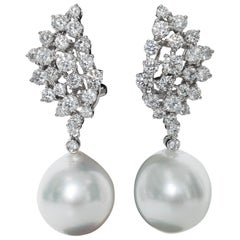 Diamond Cluster and Pearl Dangle Earrings