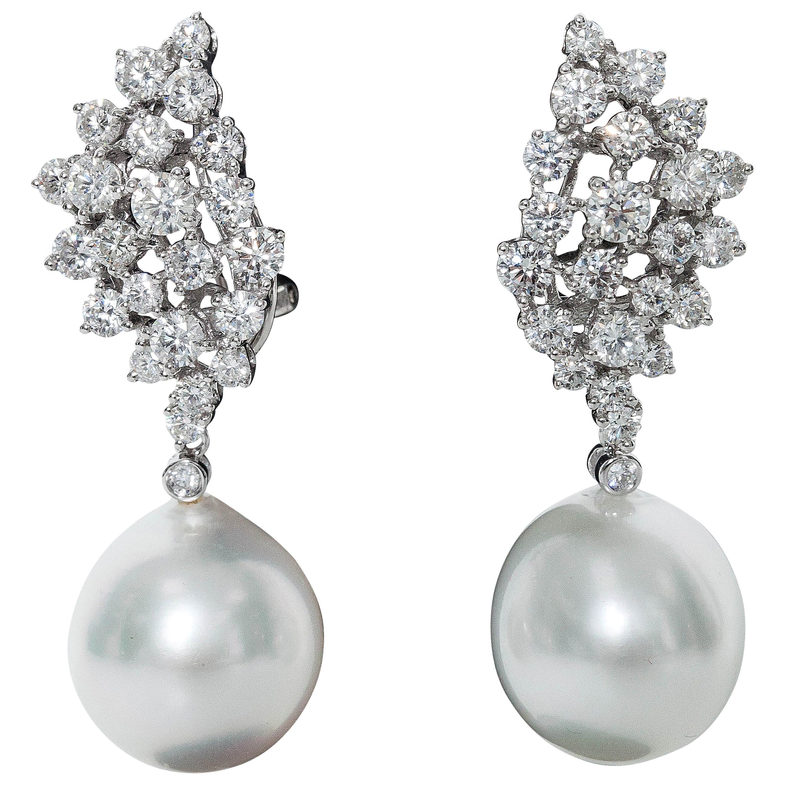 Diamond Cluster and Pearl Dangle Earrings