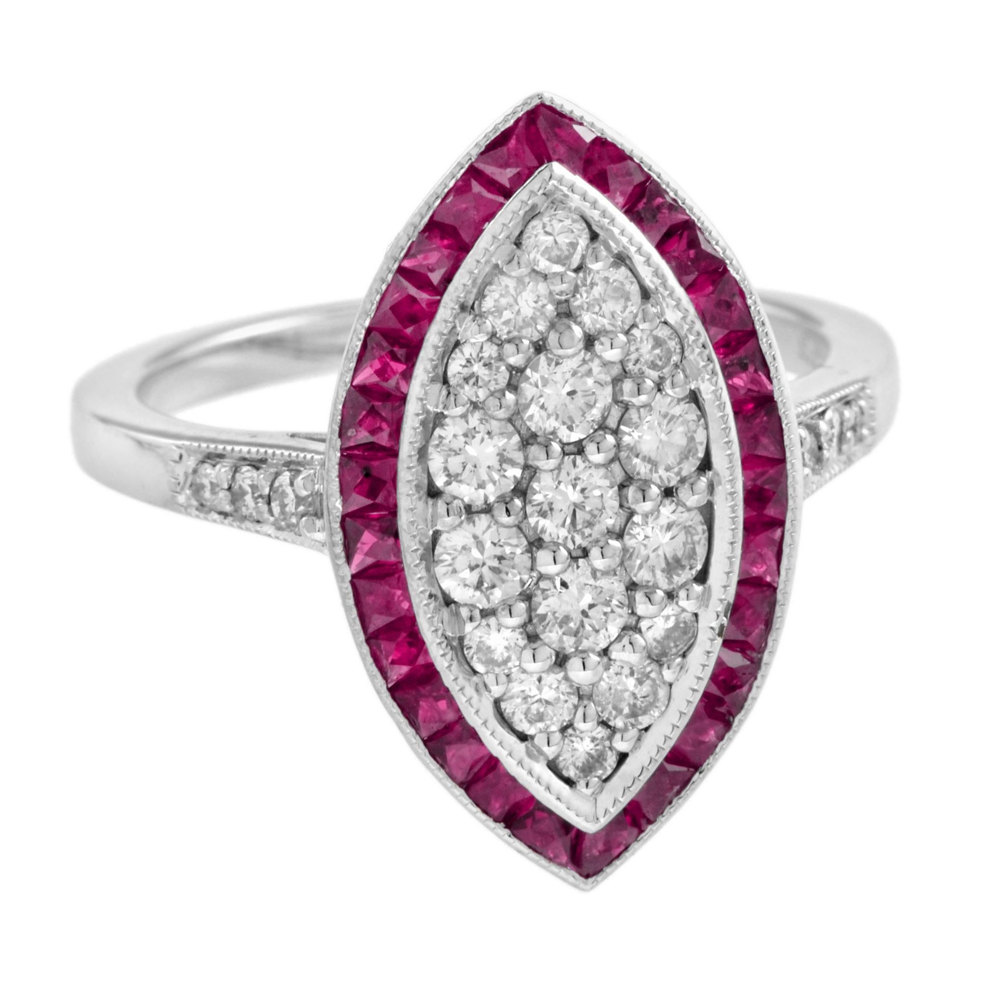 Round Cut Diamond Cluster and Ruby Art Deco Style Dinner Ring in 18K White Gold For Sale