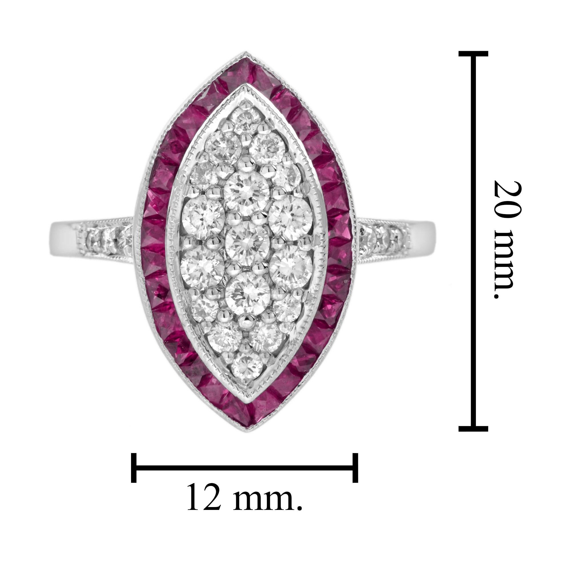 Diamond Cluster and Ruby Art Deco Style Dinner Ring in 18K White Gold In New Condition For Sale In Bangkok, TH