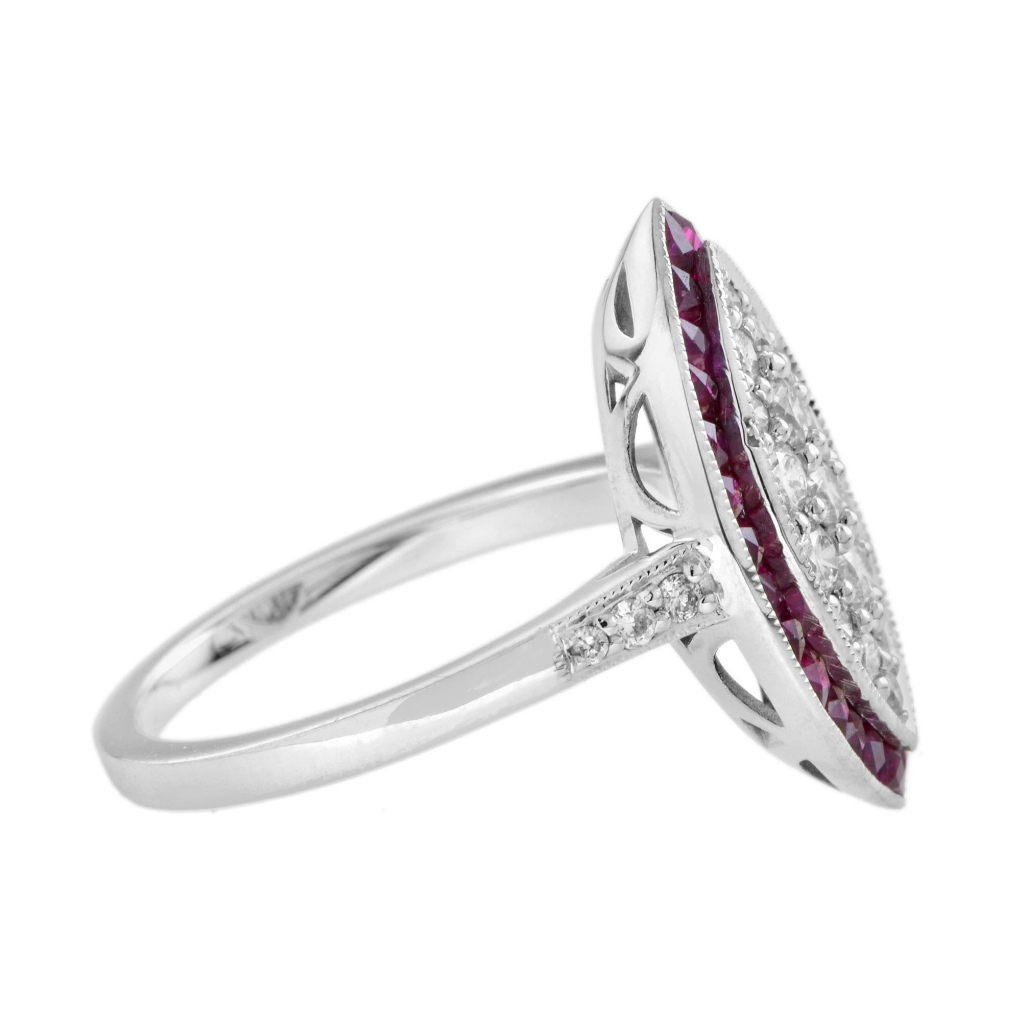 Women's Diamond Cluster and Ruby Art Deco Style Dinner Ring in 18K White Gold For Sale