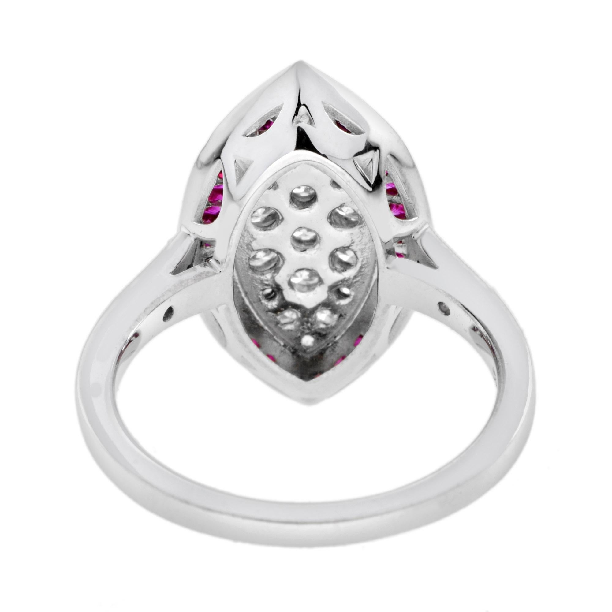 Diamond Cluster and Ruby Art Deco Style Dinner Ring in 18K White Gold For Sale 1