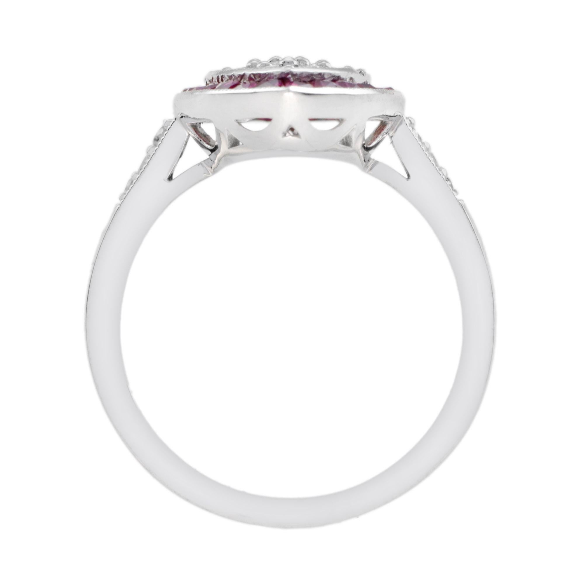 Diamond Cluster and Ruby Art Deco Style Dinner Ring in 18K White Gold For Sale 2